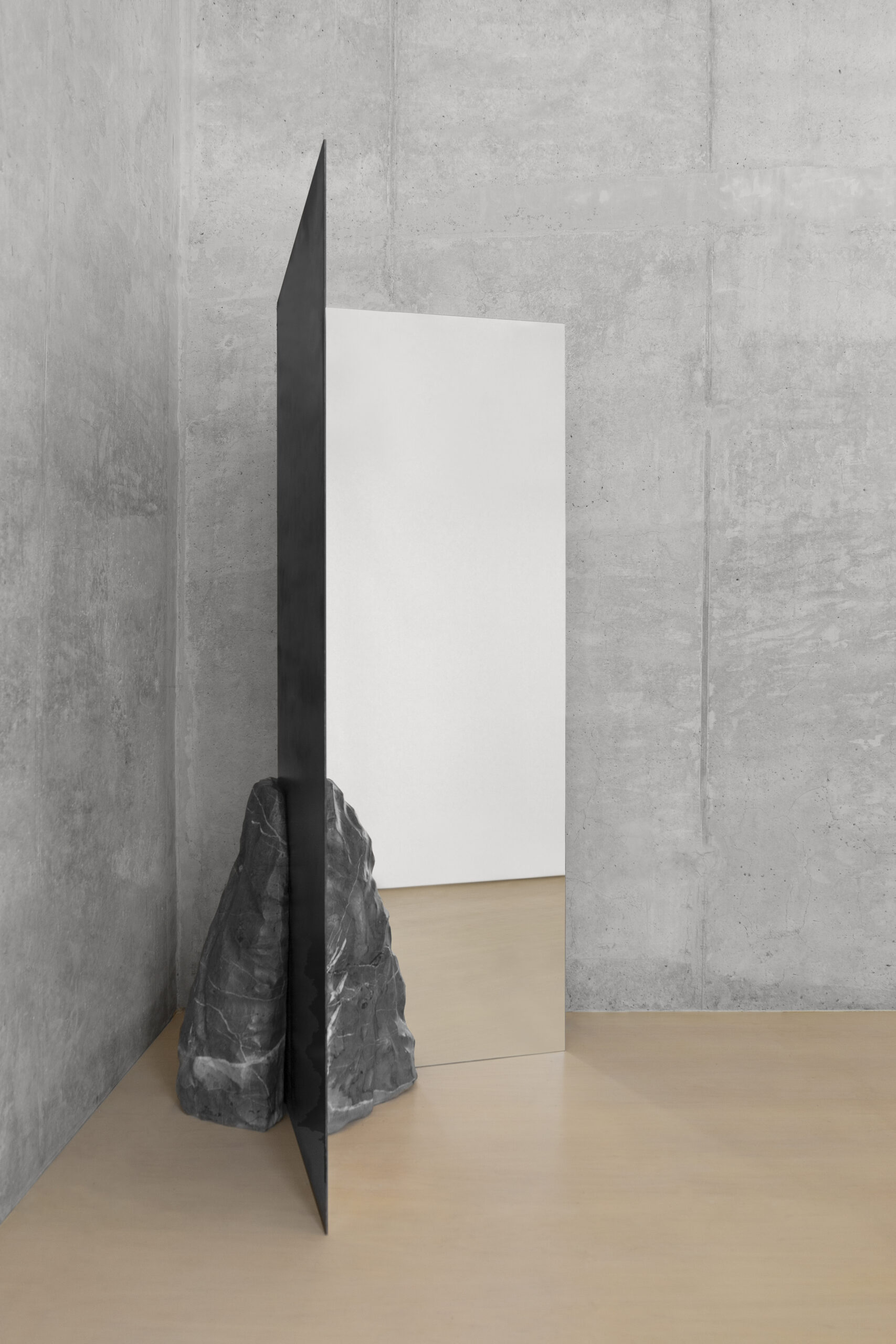Sharp Rectangular Double Mirror with Irregular Black Stone by Andres Monnier 4