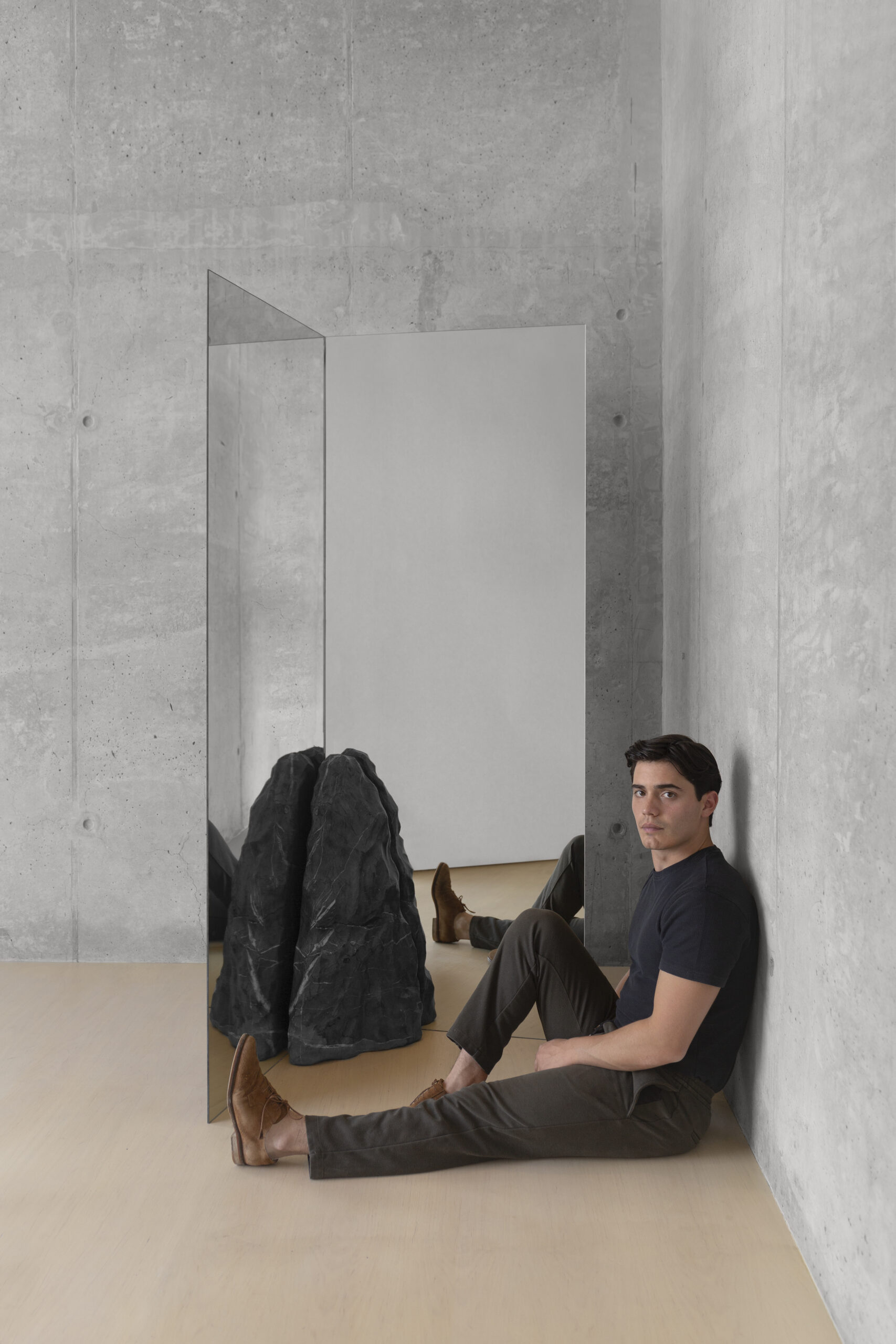 Sharp Rectangular Double Mirror with Irregular Black Stone by Andres Monnier 5