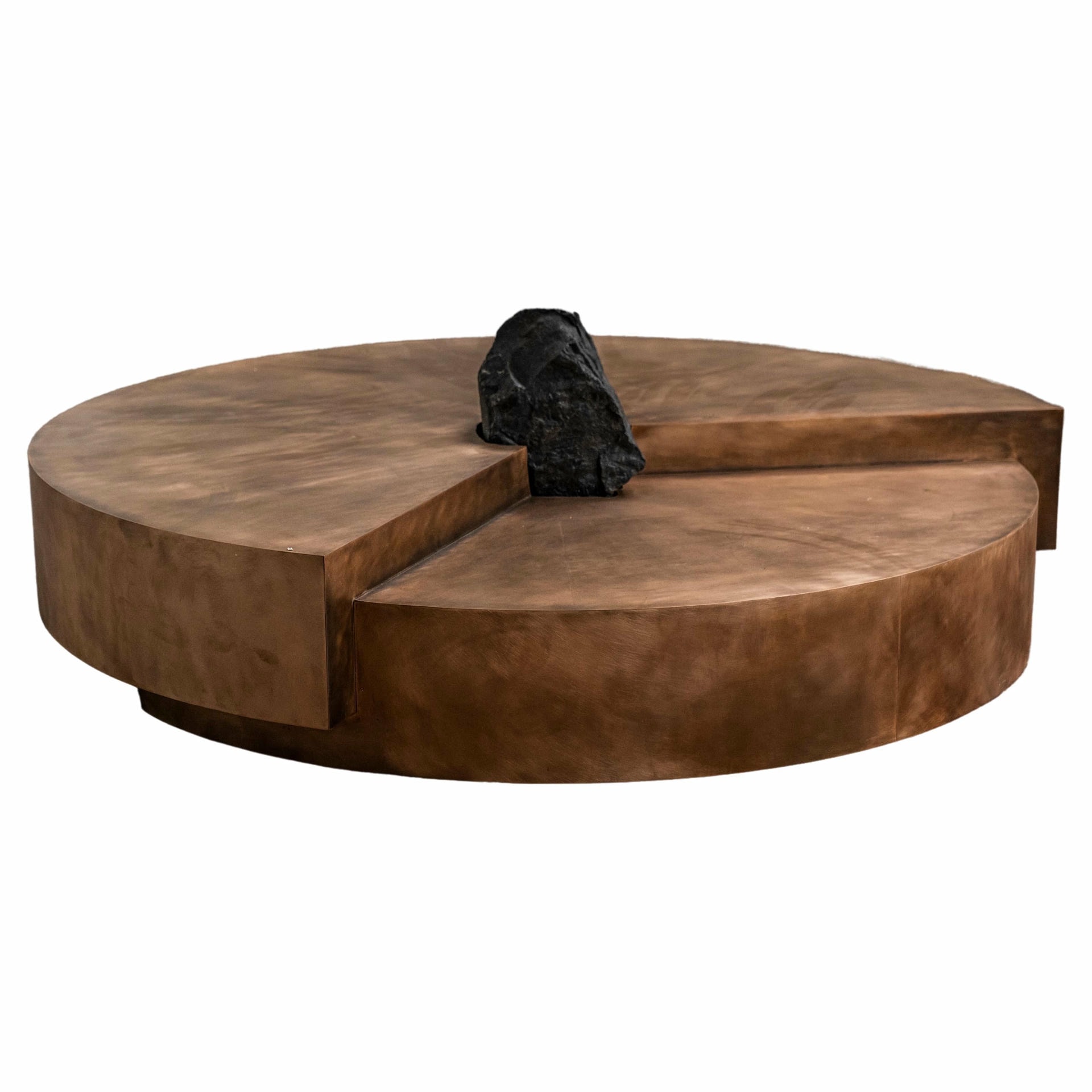 Split Circle Bronze Unique Coffee Table, Rough Black Stone by Pierre De Valck 1