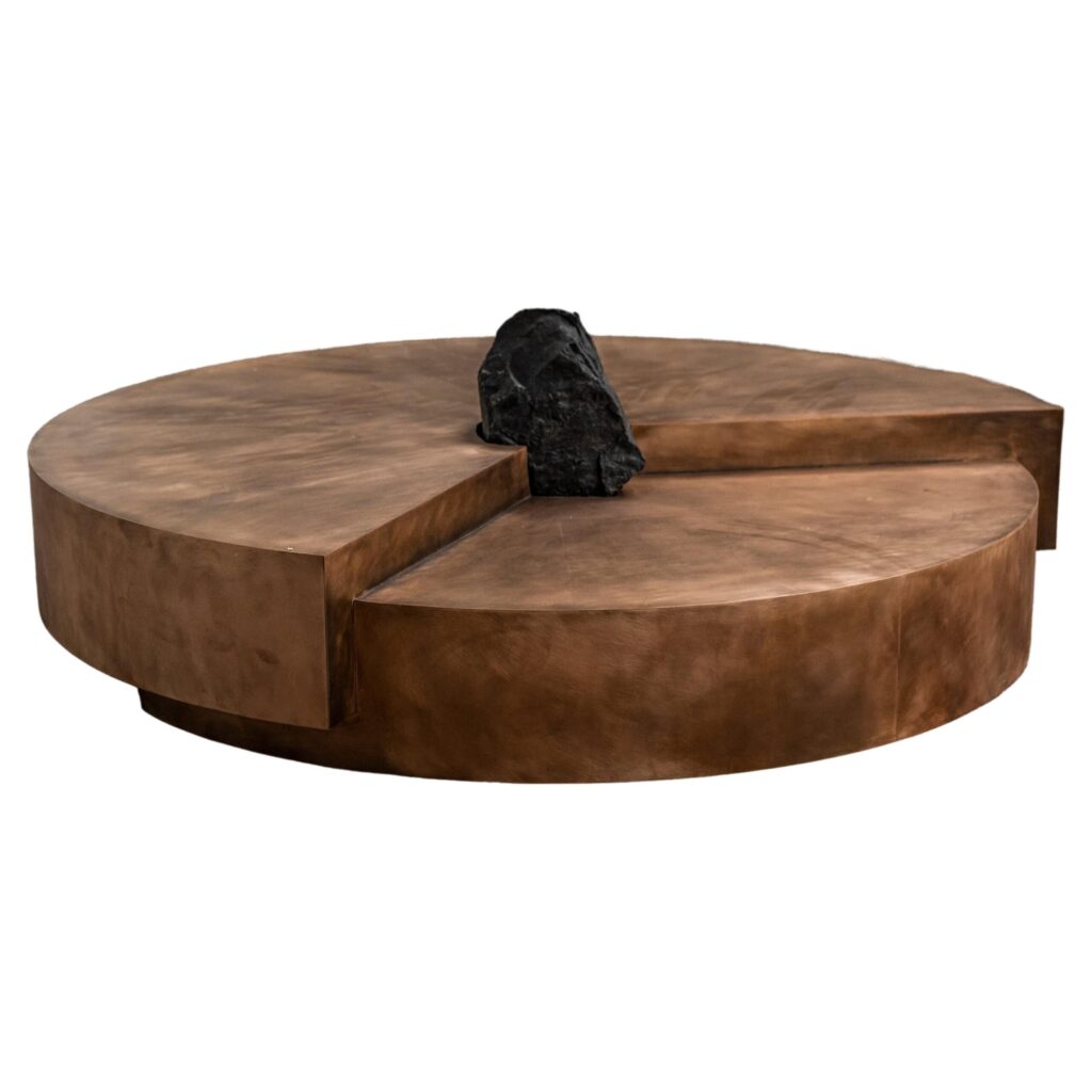 Split Circle Bronze Unique Coffee Table, Rough Black Stone by Pierre De Valck 1