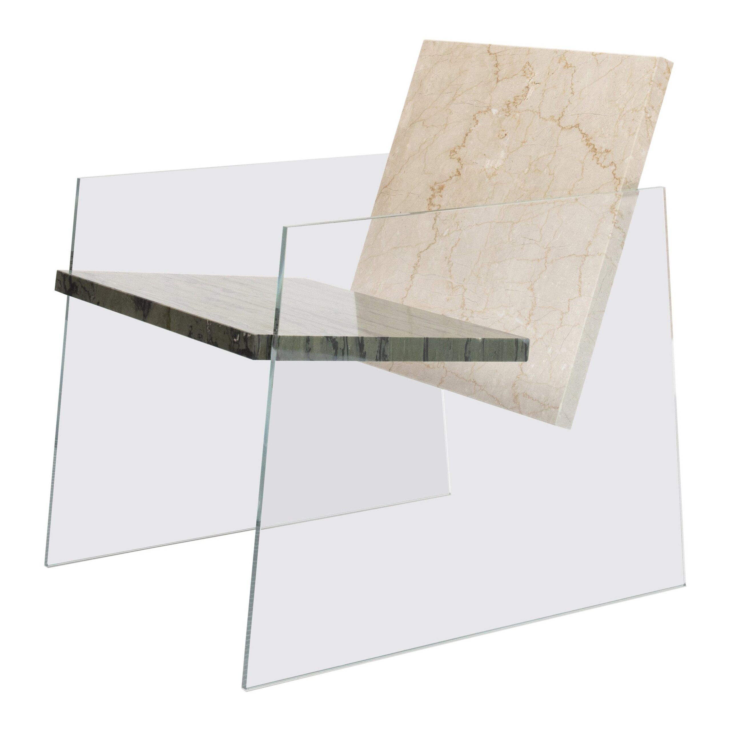 Unique Green and Beige Marble Armchair with White Glass Legs by Frederic Saulou 1
