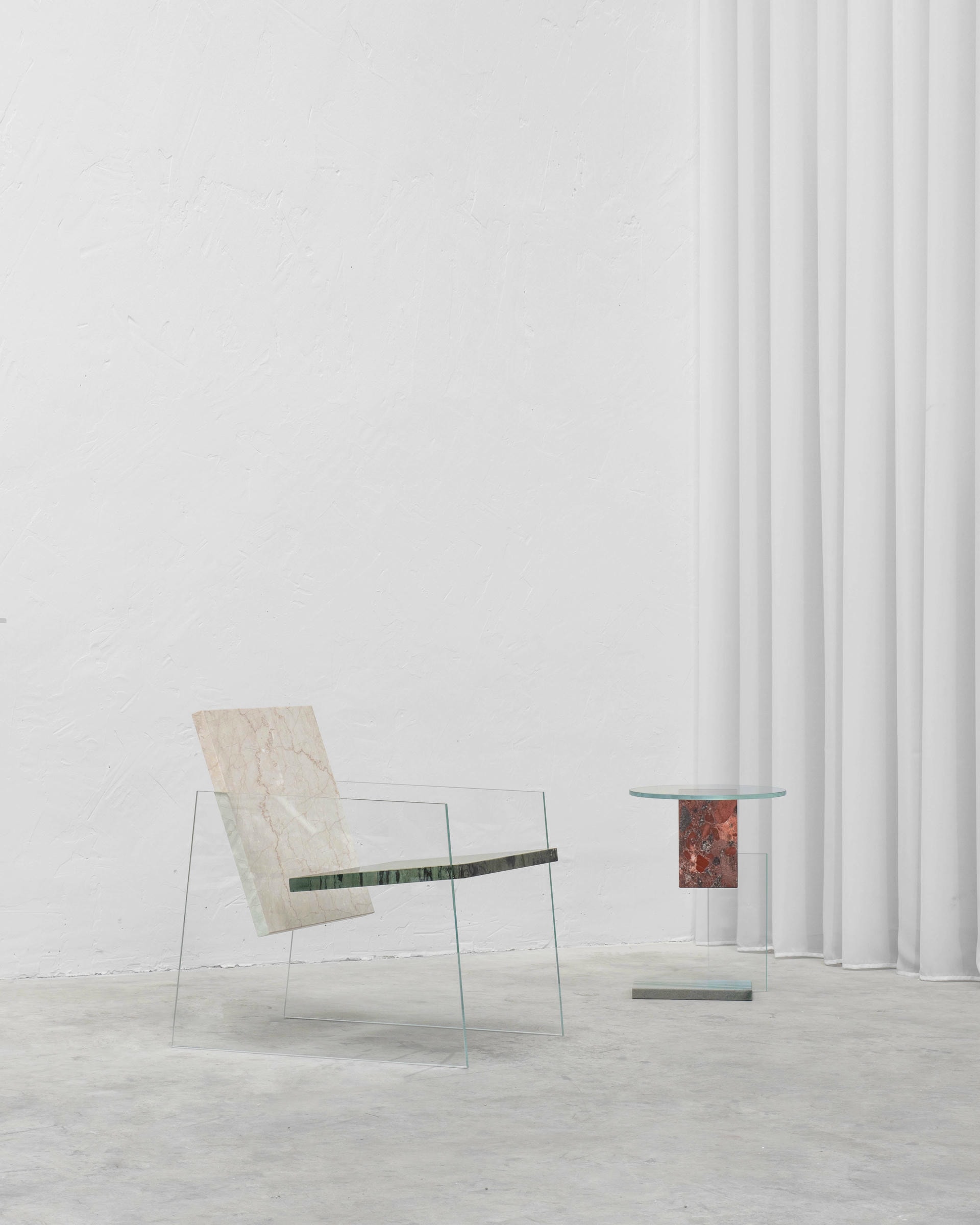 Unique Green and Beige Marble Armchair with White Glass Legs by Frederic Saulou 3