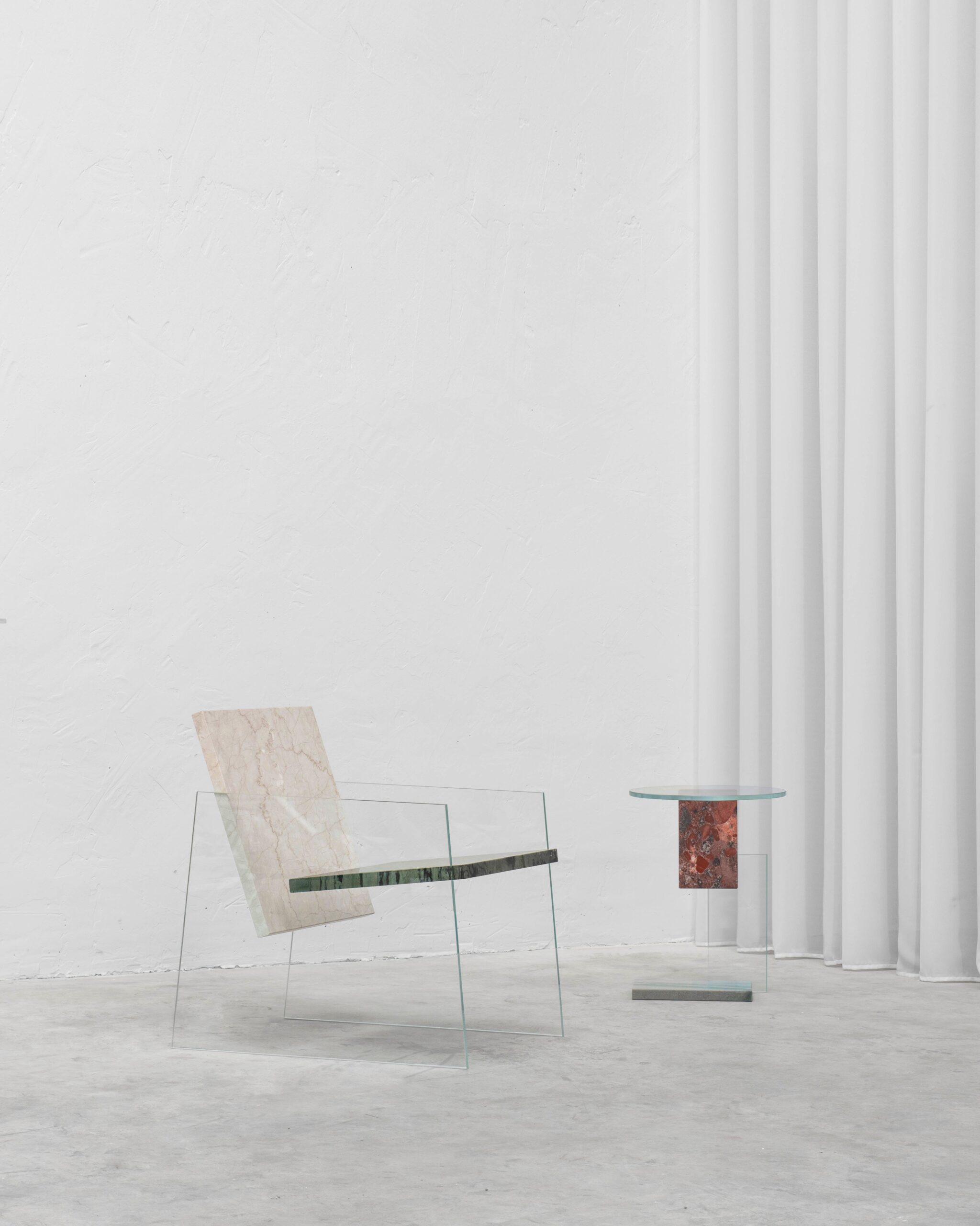 Unique Green and Beige Marble Armchair with White Glass Legs by Frederic Saulou 3