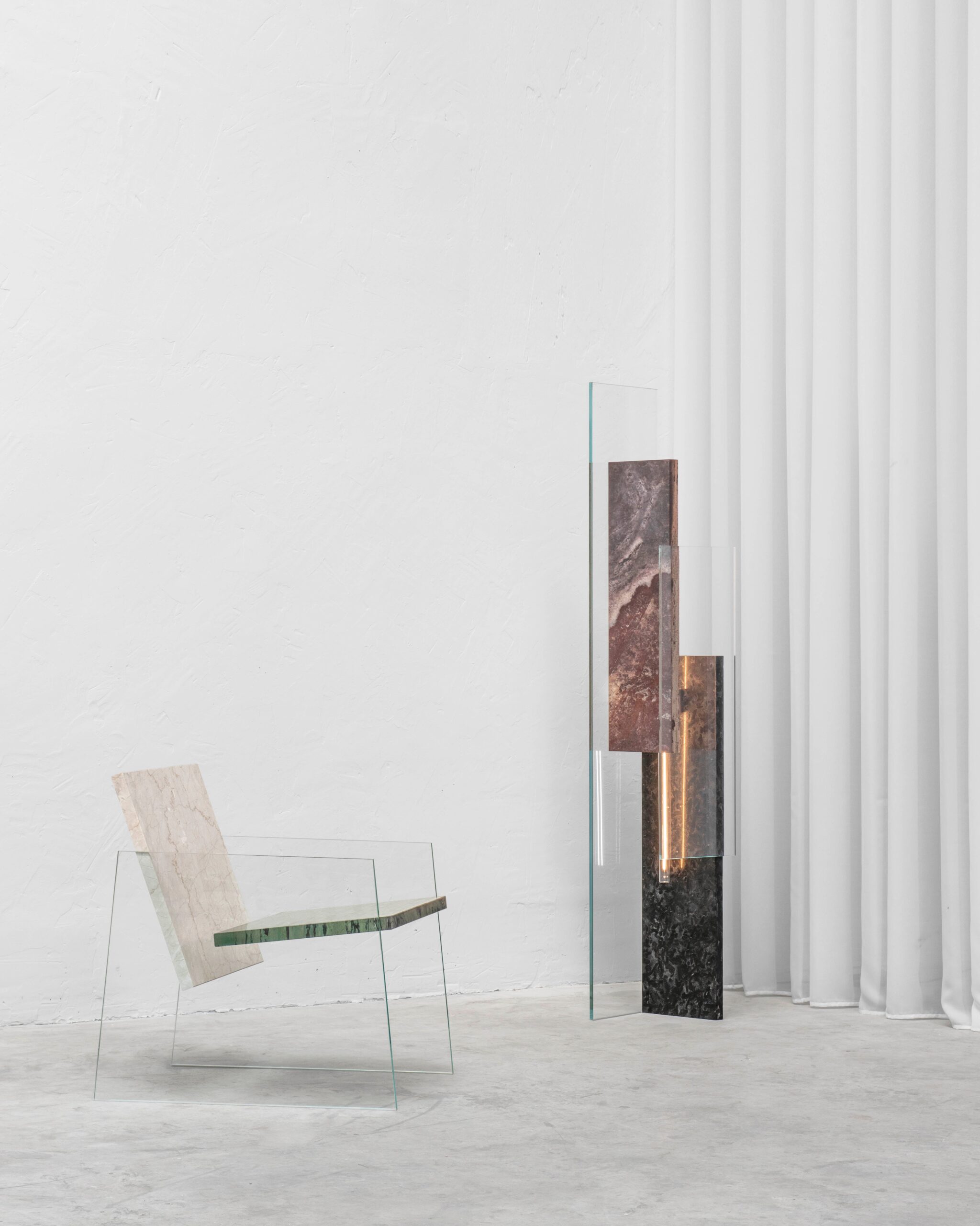 Unique Green and Beige Marble Armchair with White Glass Legs by Frederic Saulou 4
