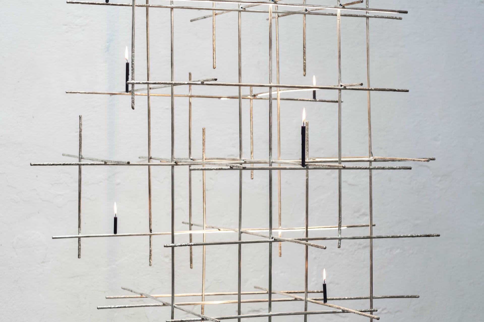 Unique Grid Like Candlelight Sculptural Brass Chandelier by Morghen Studio 10