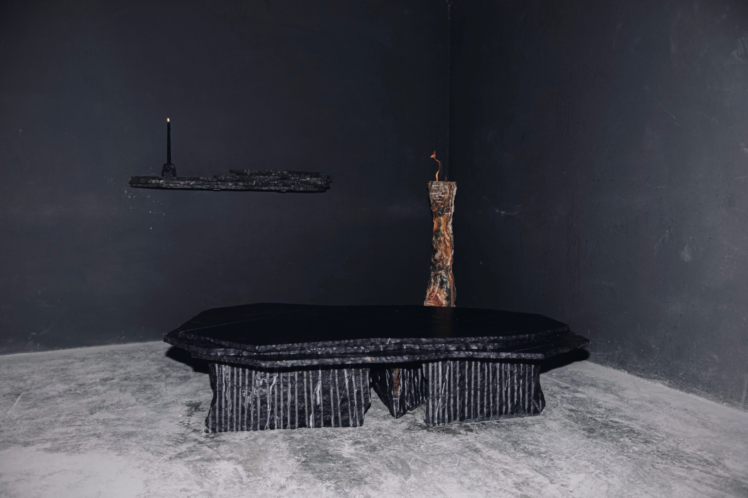 Unique Strata Longated Rectangular Shape Black Stone Day Bed by Andres Monnier 3