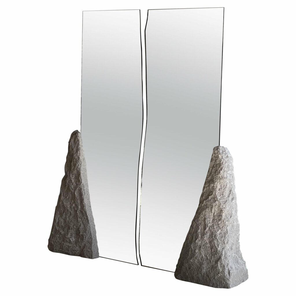 Irregular Wavy Double Mirror with Natural Grey Stone Base by Andres Monnier 1
