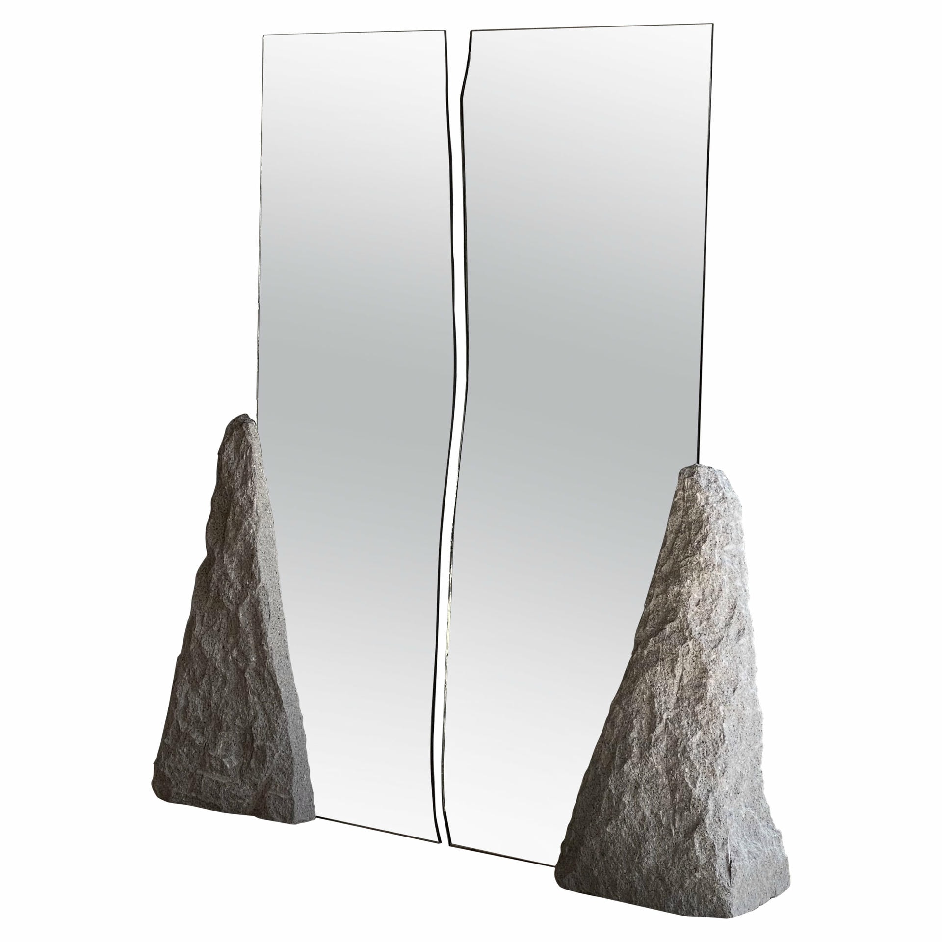 Irregular Wavy Double Mirror with Natural Grey Stone Base by Andres Monnier 1