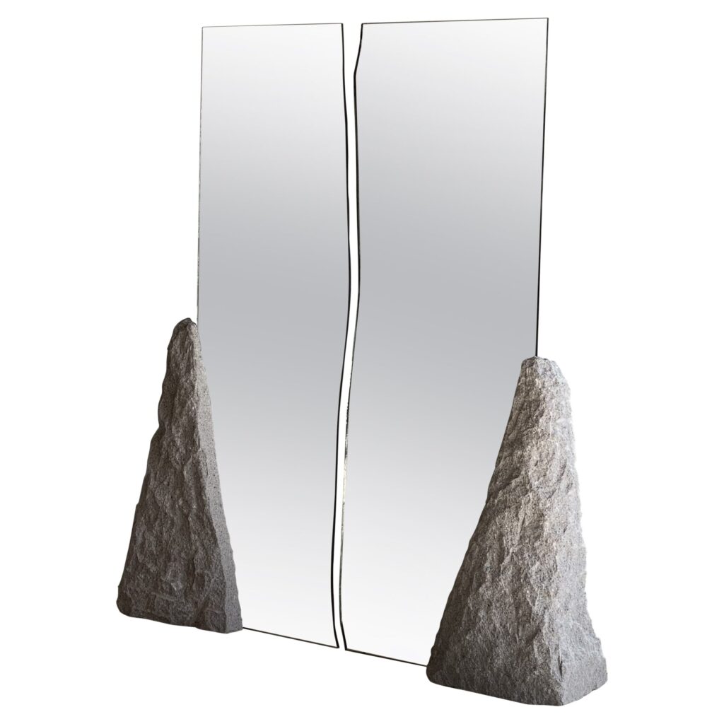 Irregular Wavy Double Mirror with Natural Grey Stone Base by Andres Monnier 1