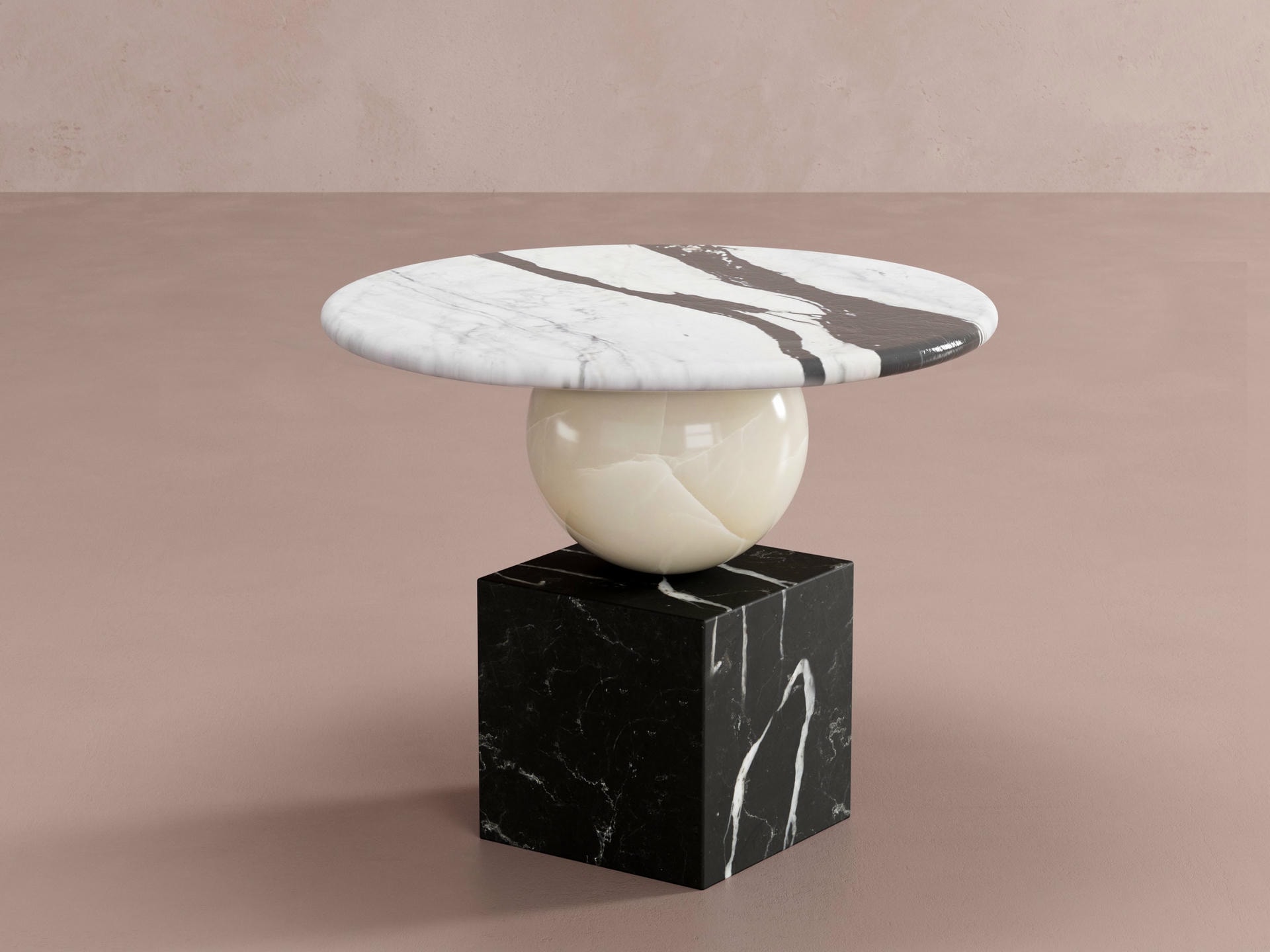 Side Table in Black & White Marble, Onyx and Metal Structure by Pilar Zeta 2