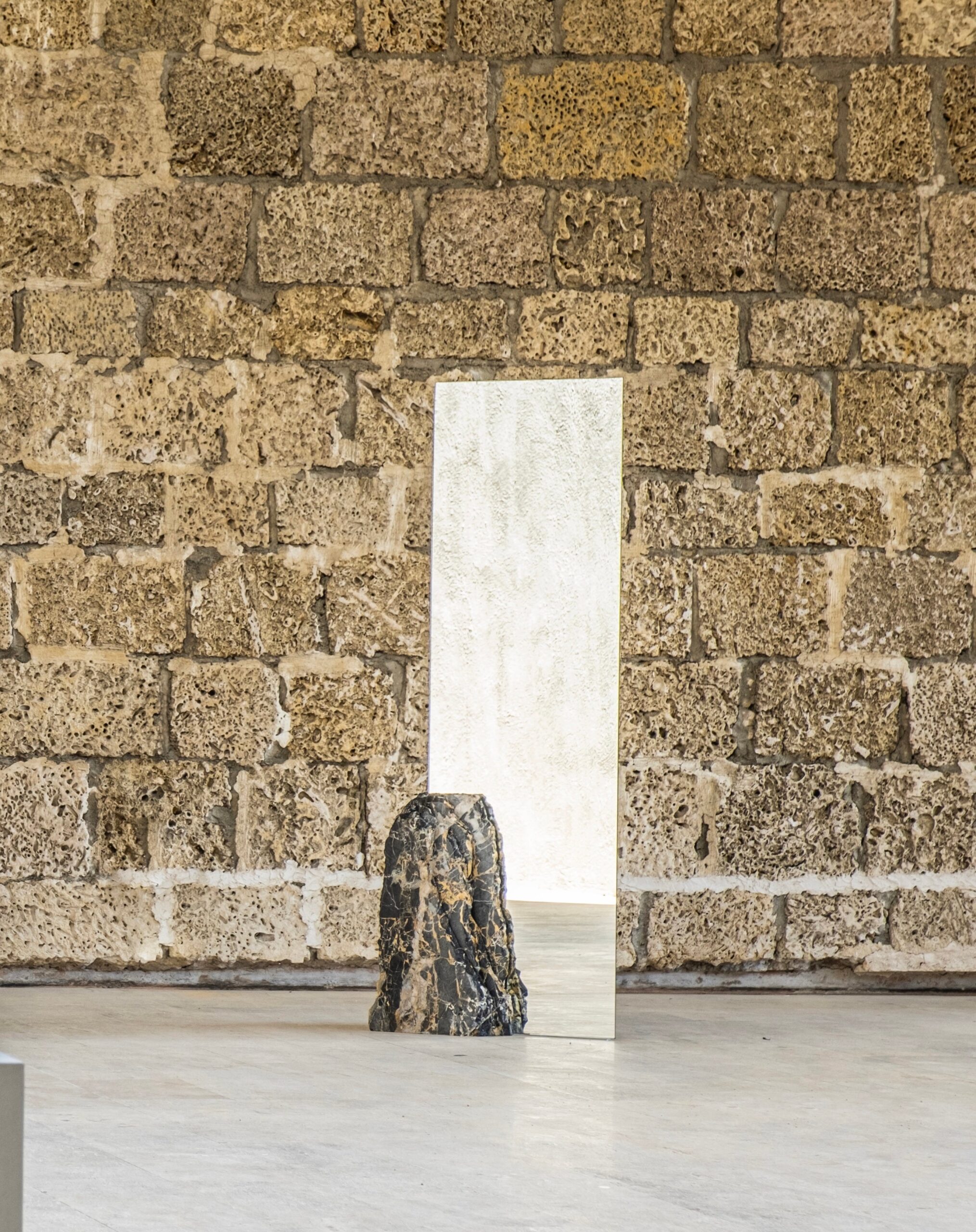 Sharp Rectangular Double Mirror with Irregular Black Stone by Andres Monnier 2