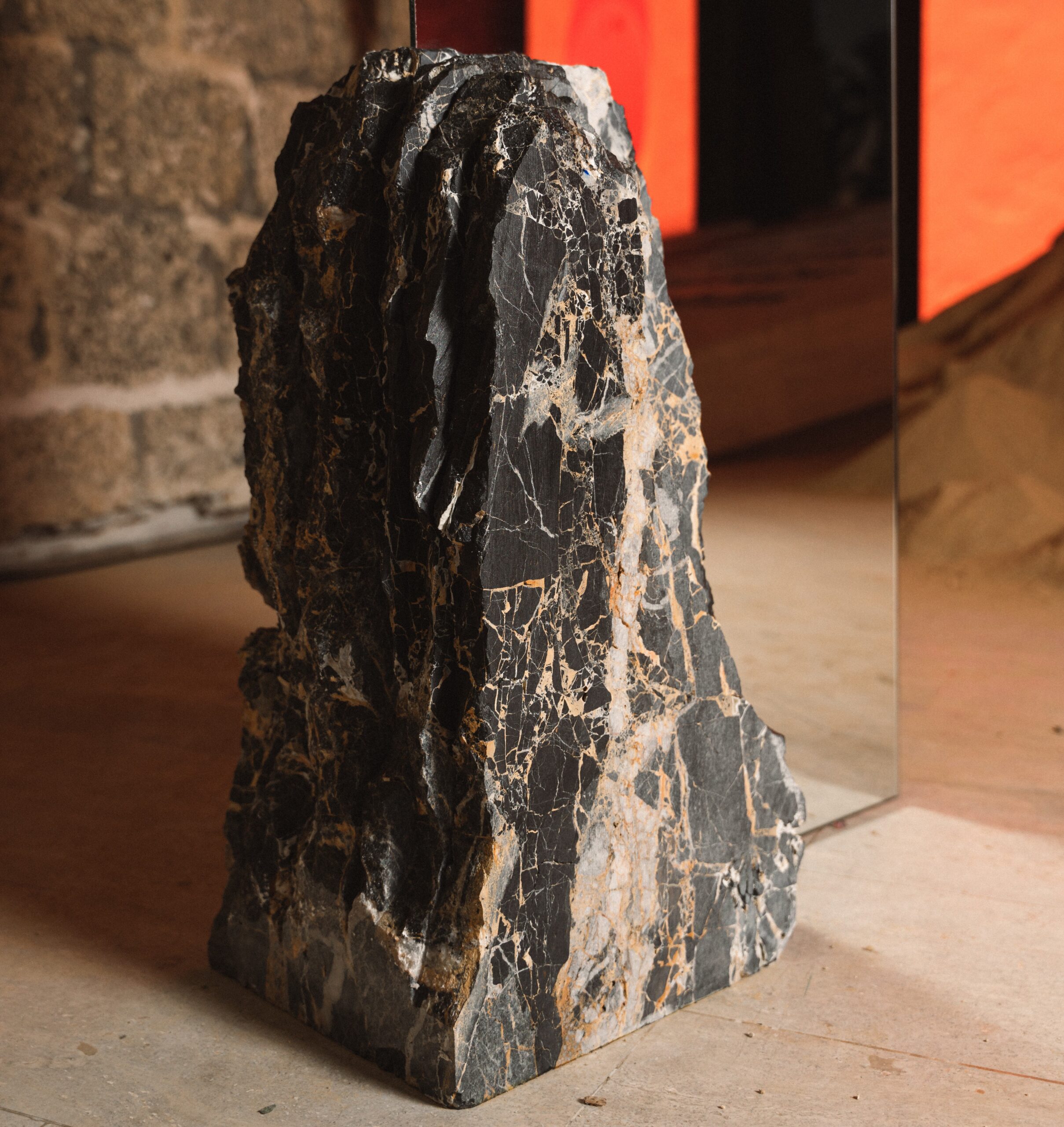 Sharp Rectangular Double Mirror with Irregular Black Stone by Andres Monnier 4
