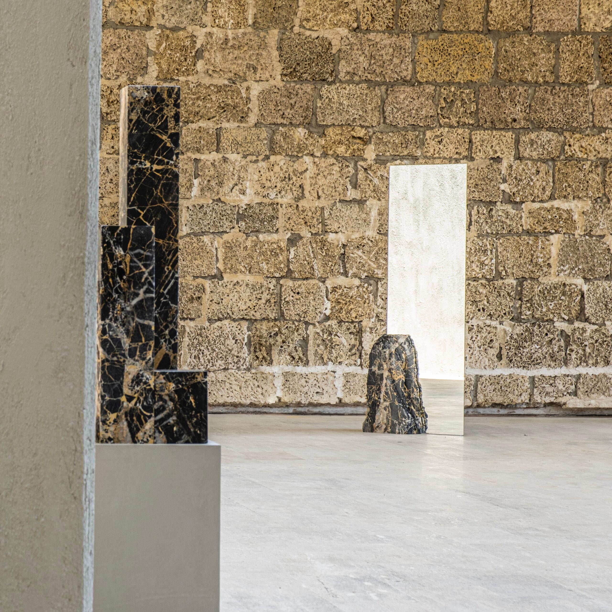 Sharp Rectangular Double Mirror with Irregular Black Stone by Andres Monnier 5