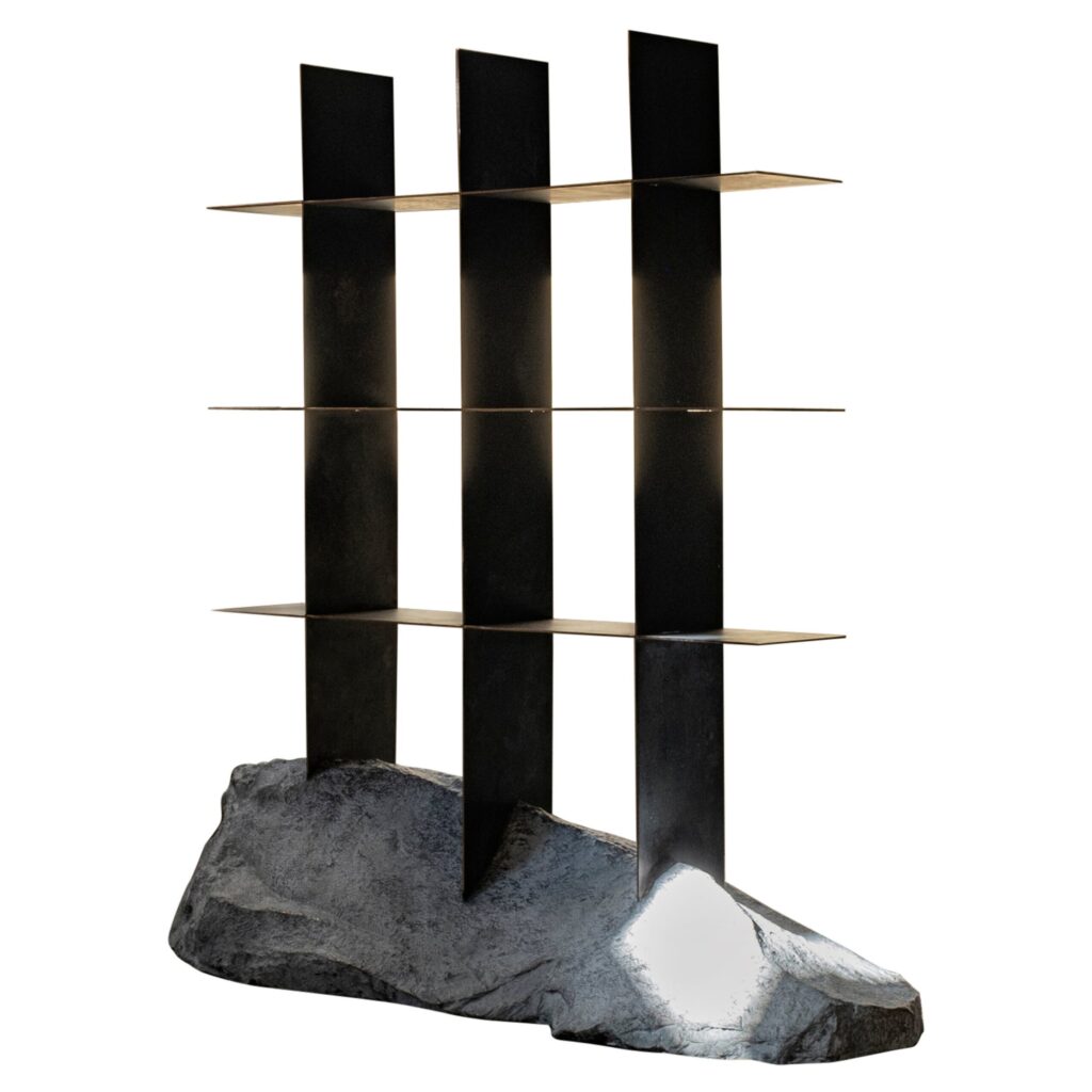 Contemporary Metal Shelf Sculpted with Natural Form Grey Stone by Niclas Wolf 1