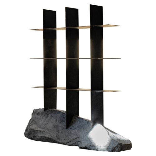 Contemporary Metal Shelf Sculpted with Natural Form Grey Stone by Niclas Wolf 1