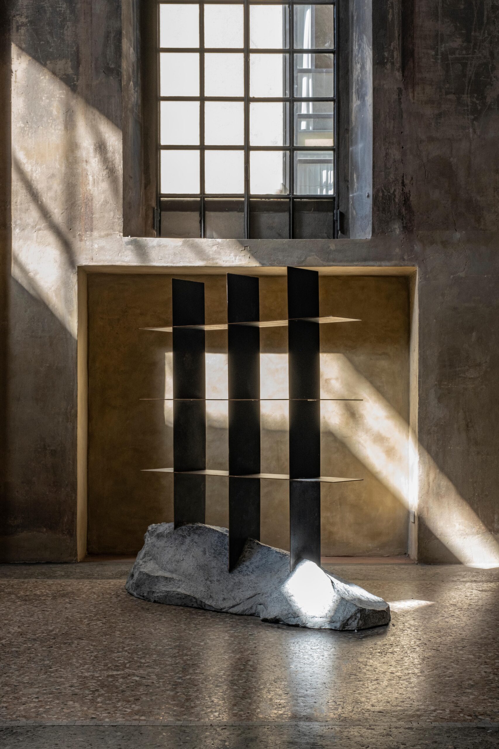 Contemporary Metal Shelf Sculpted with Natural Form Grey Stone by Niclas Wolf 2