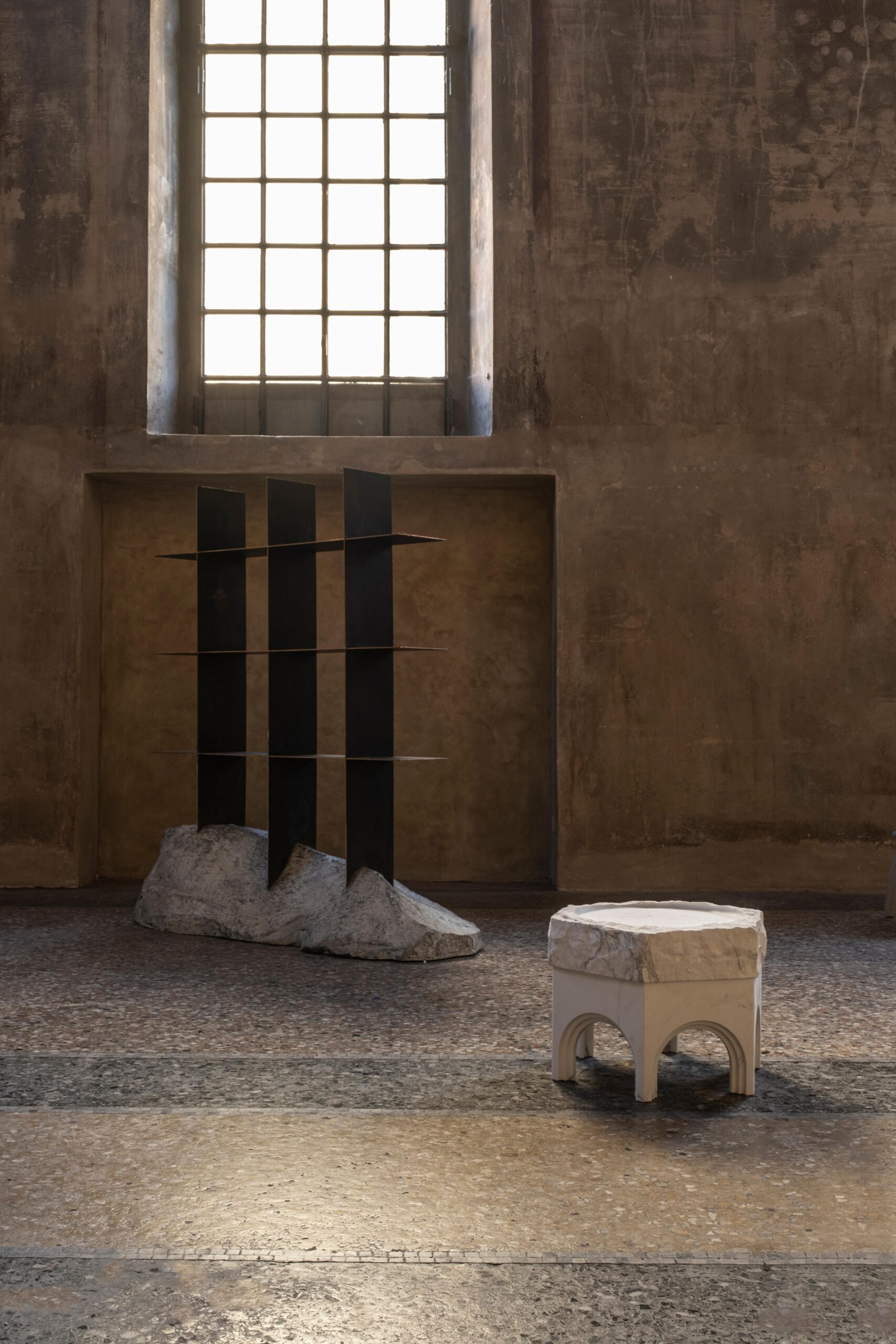 Contemporary Metal Shelf Sculpted with Natural Form Grey Stone by Niclas Wolf 4