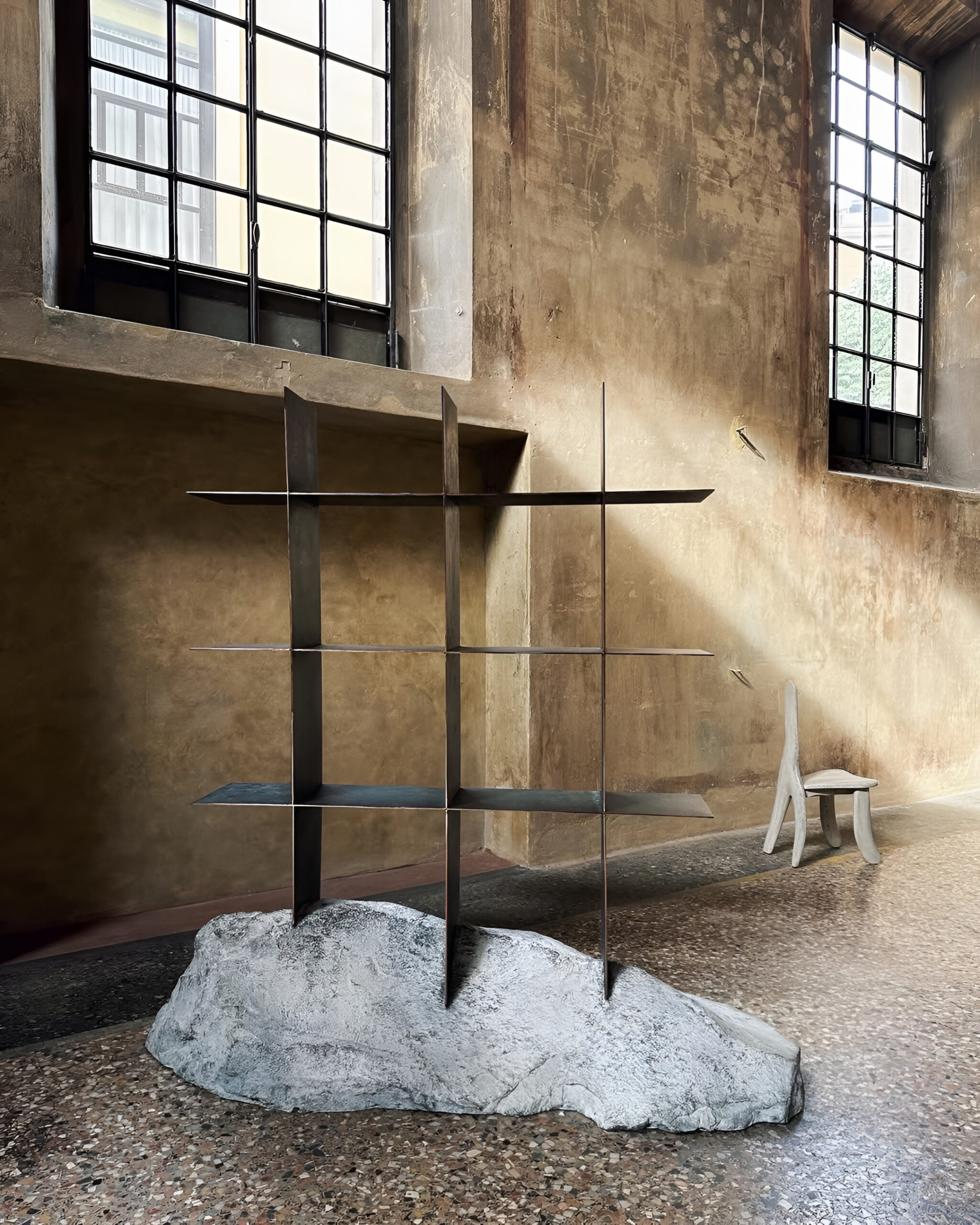 Contemporary Metal Shelf Sculpted with Natural Form Grey Stone by Niclas Wolf 6
