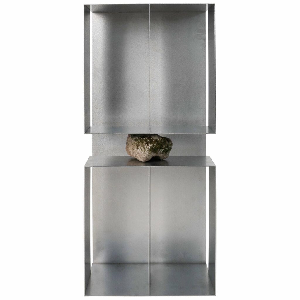 Interconnected Rectangular Prisms Stainless Steel Shelf with Stone by Lee Sisan 1