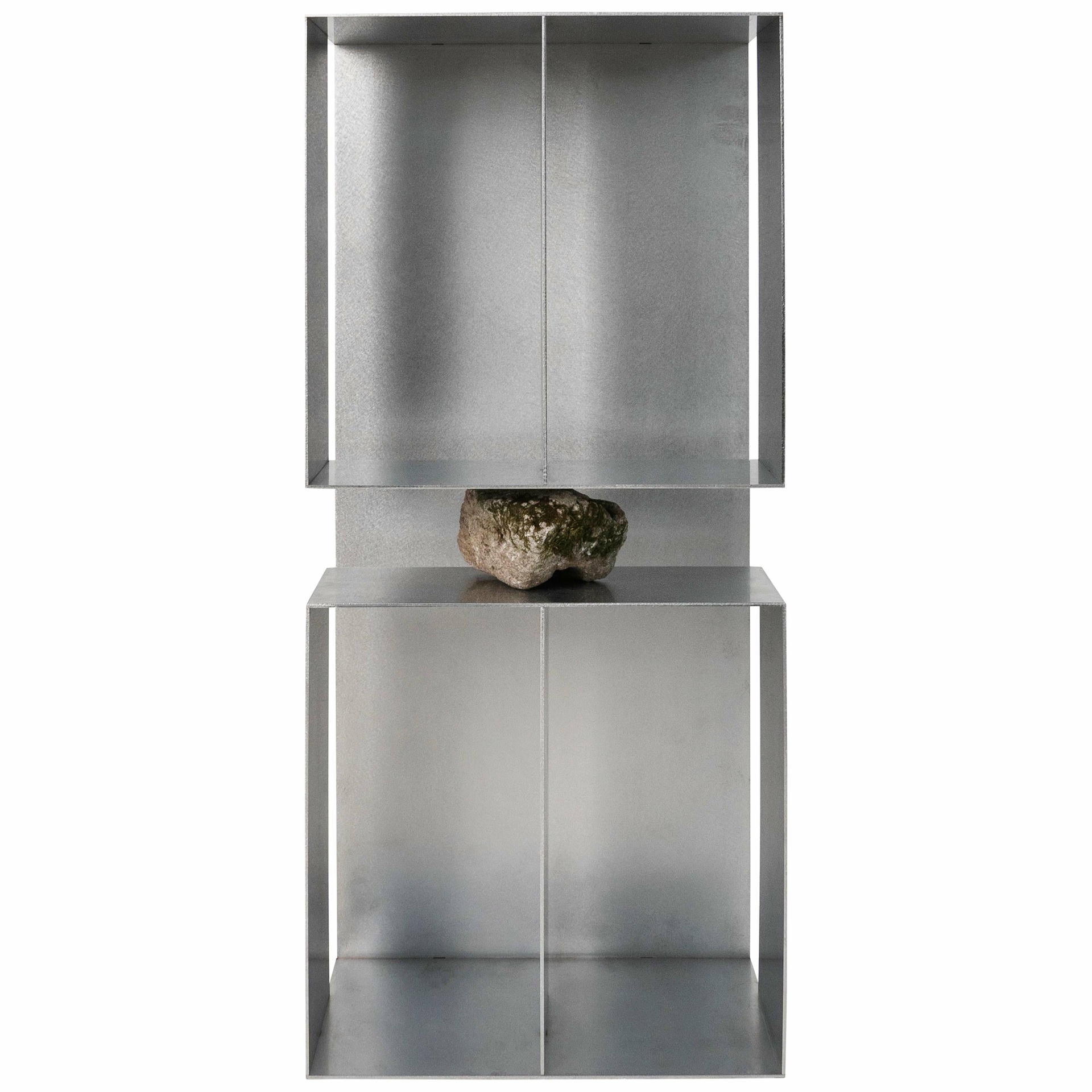 Interconnected Rectangular Prisms Stainless Steel Shelf with Stone by Lee Sisan 1