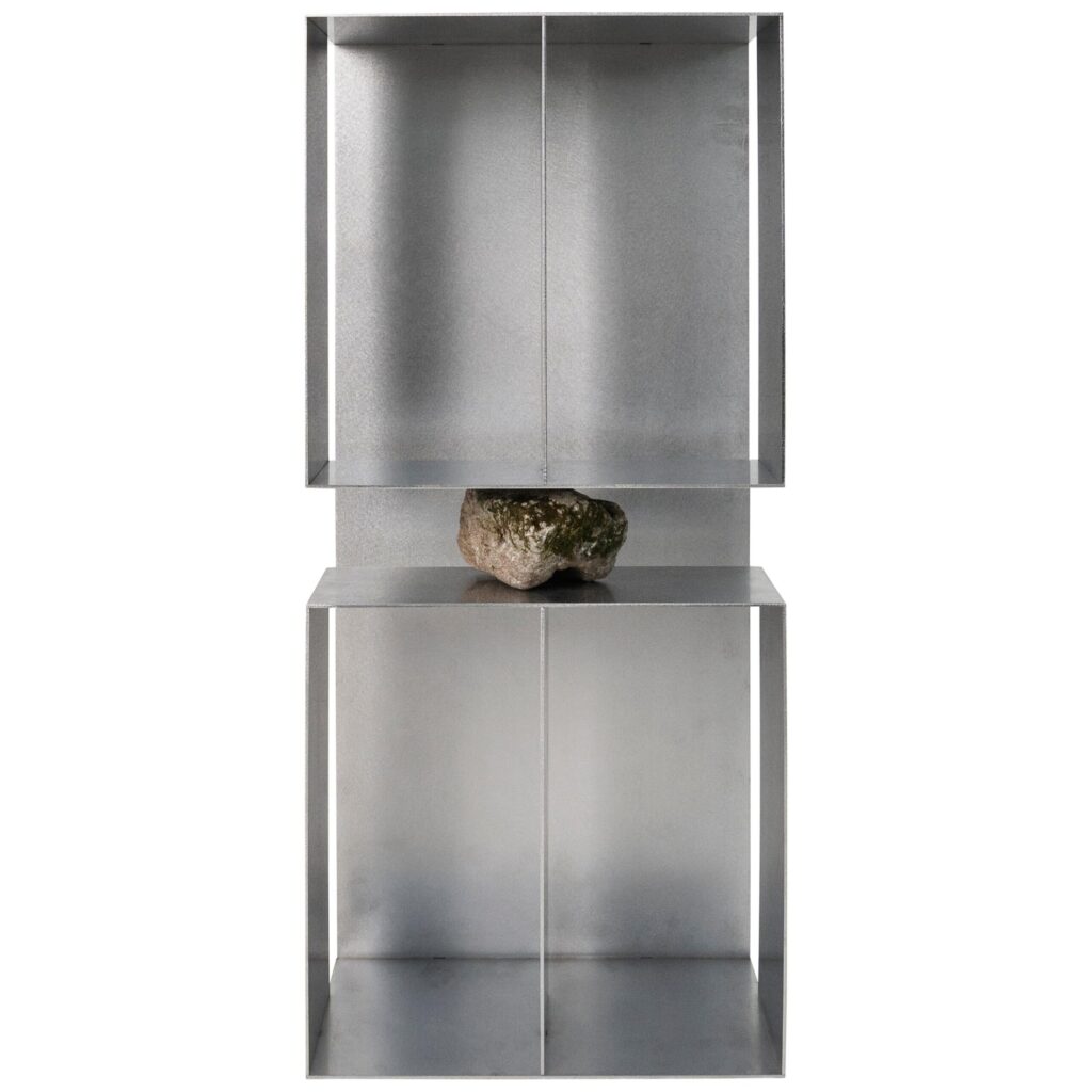 Interconnected Rectangular Prisms Stainless Steel Shelf with Stone by Lee Sisan 1