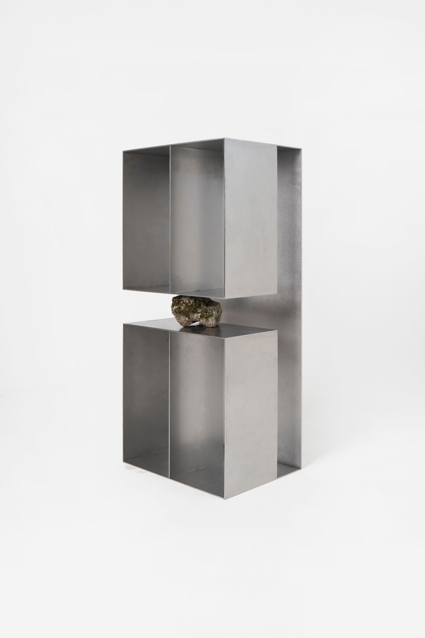 Interconnected Rectangular Prisms Stainless Steel Shelf with Stone by Lee Sisan 2