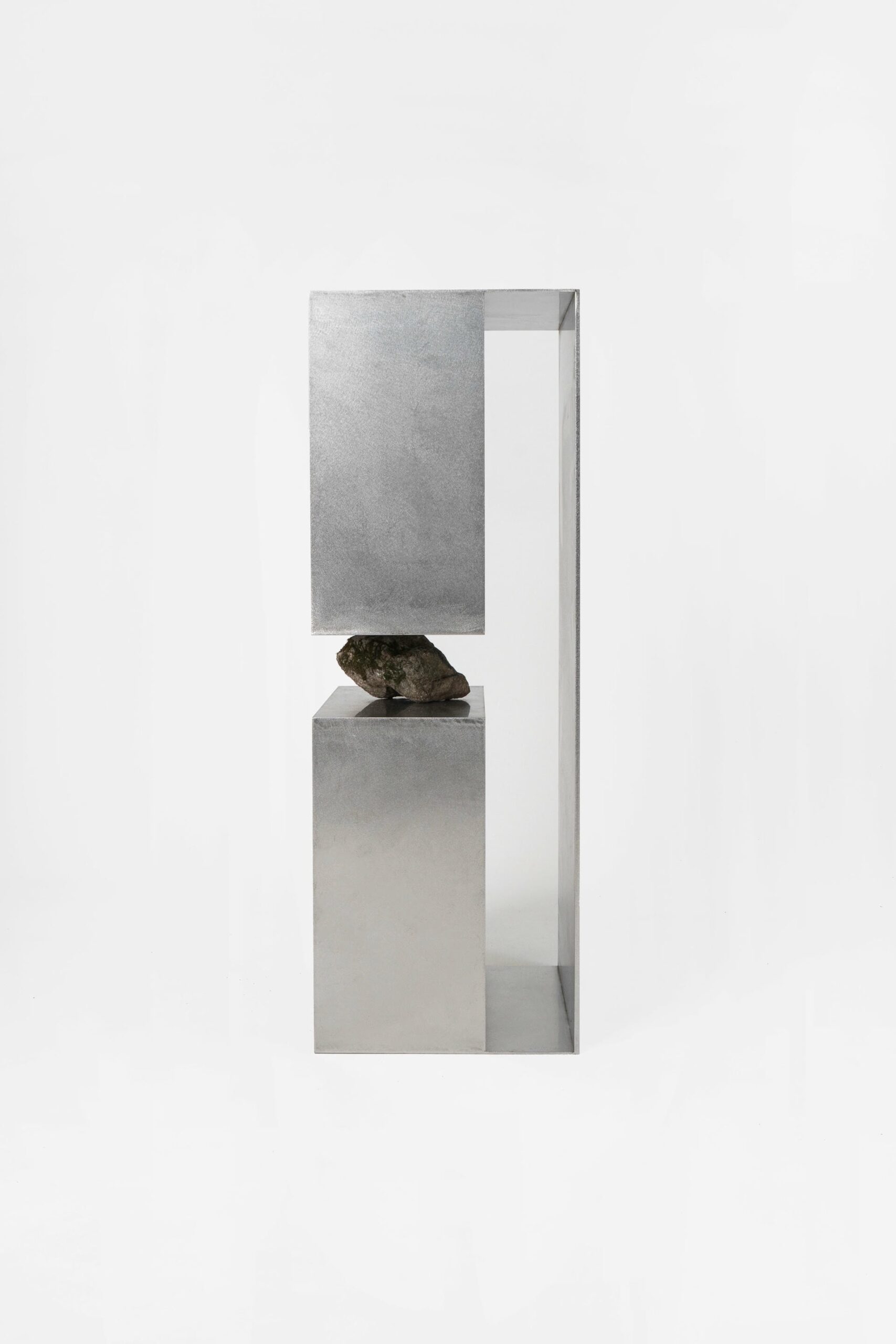 Interconnected Rectangular Prisms Stainless Steel Shelf with Stone by Lee Sisan 3