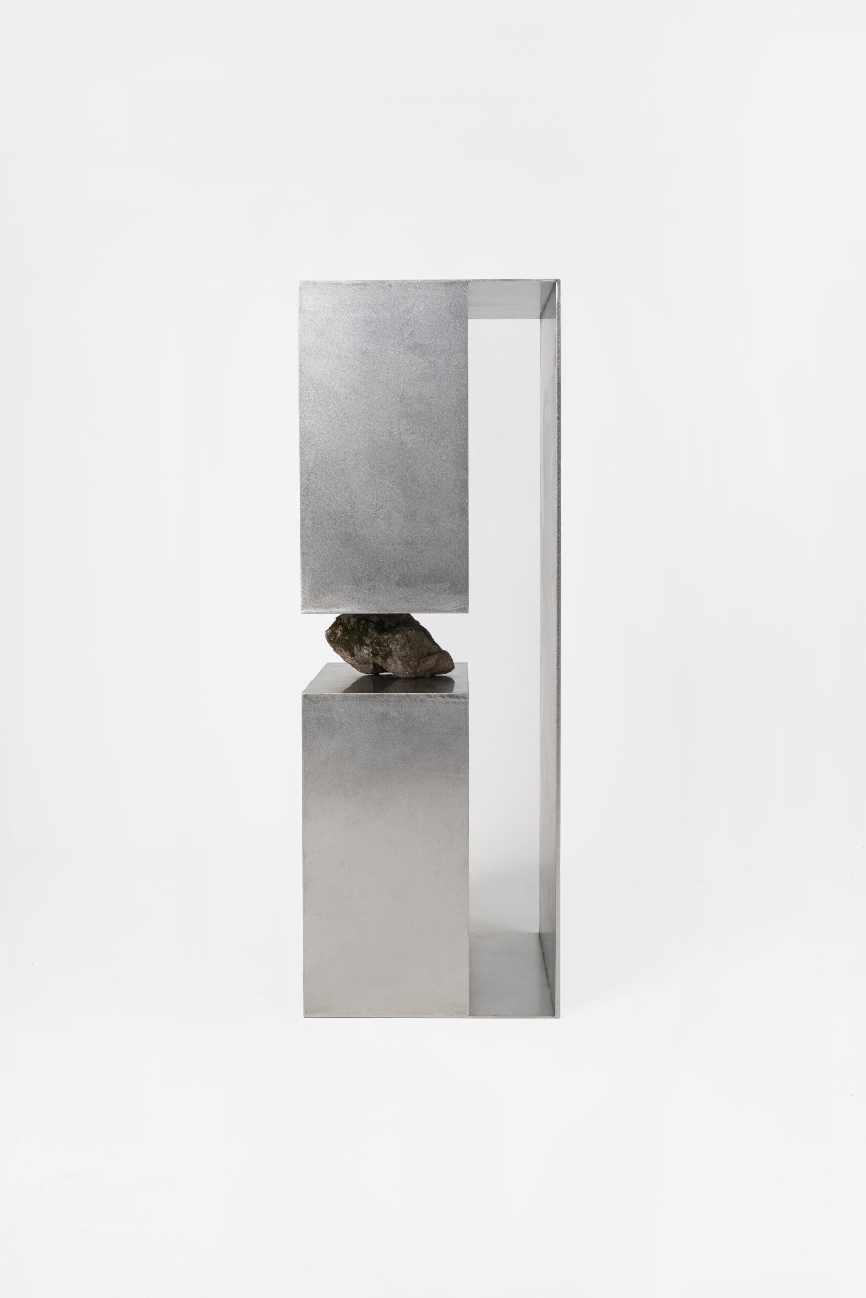 Interconnected Rectangular Prisms Stainless Steel Shelf with Stone by Lee Sisan 3