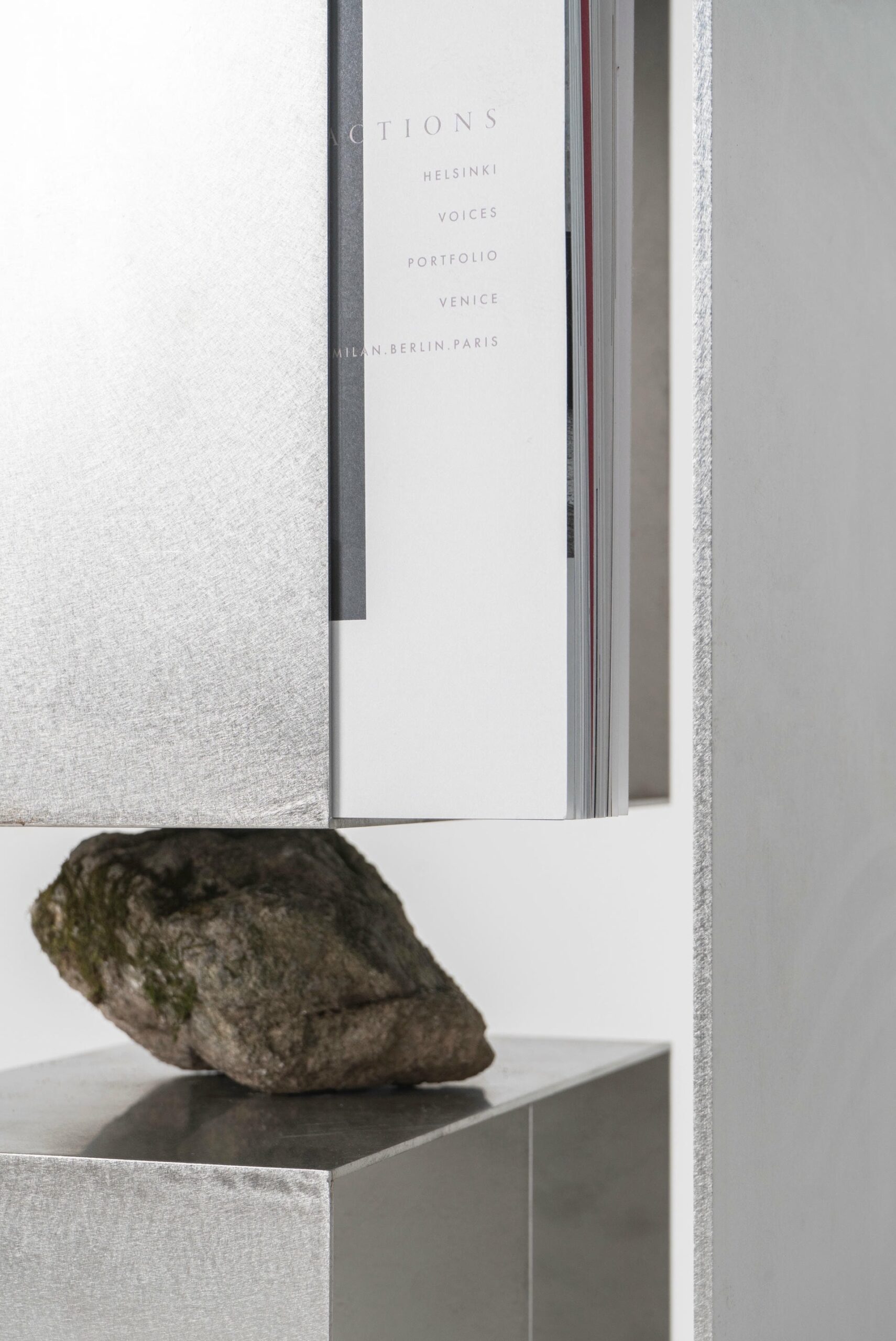 Interconnected Rectangular Prisms Stainless Steel Shelf with Stone by Lee Sisan 5