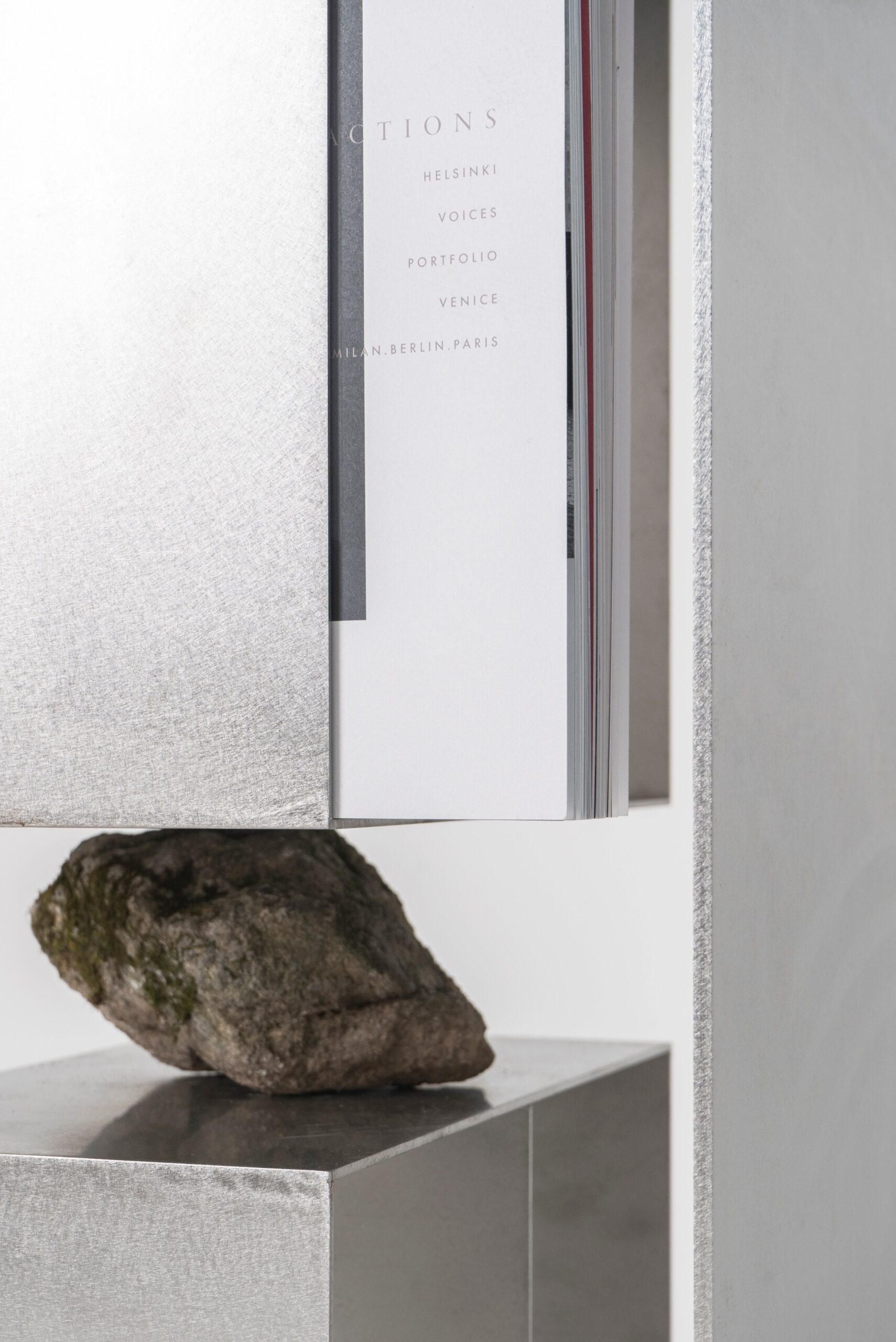 Interconnected Rectangular Prisms Stainless Steel Shelf with Stone by Lee Sisan 5