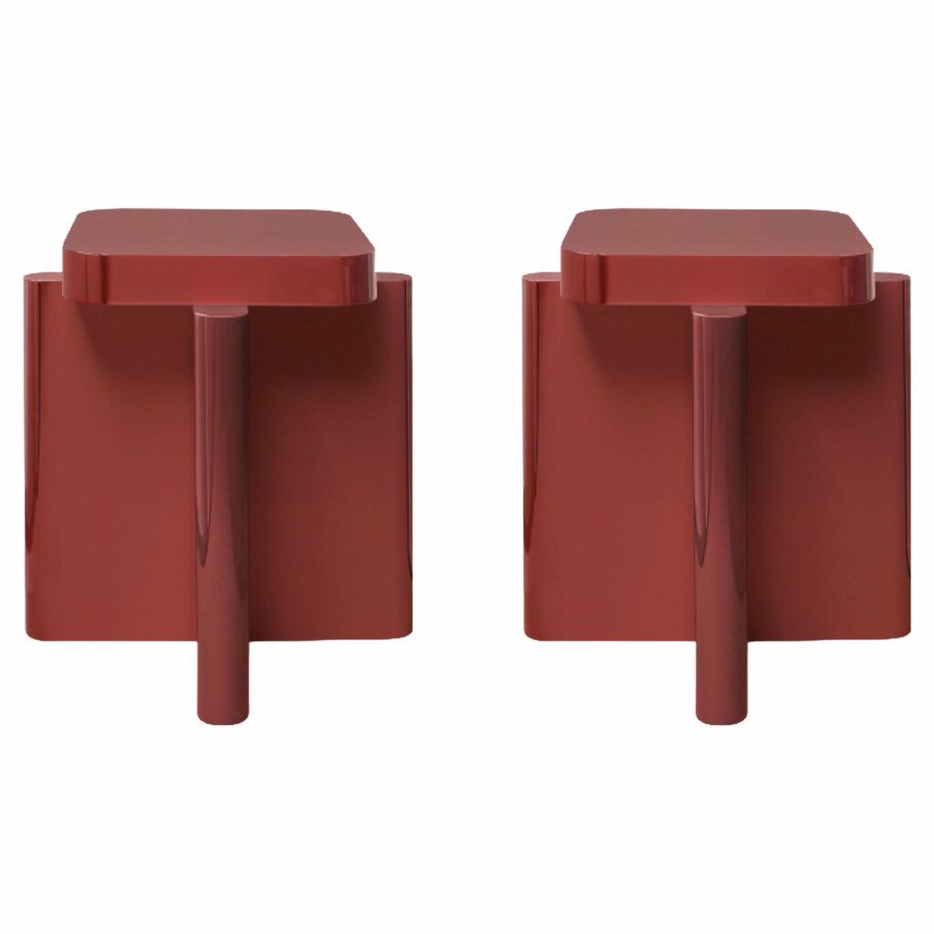 Pair of Rustic Dusty Red Solid Wood Seating Spina Wooden Stool by Cara Davide 1