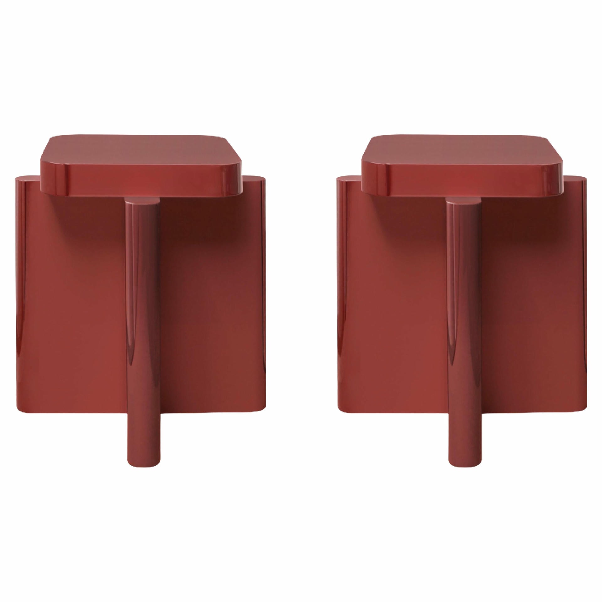 Pair of Rustic Dusty Red Solid Wood Seating Spina Wooden Stool by Cara Davide 1
