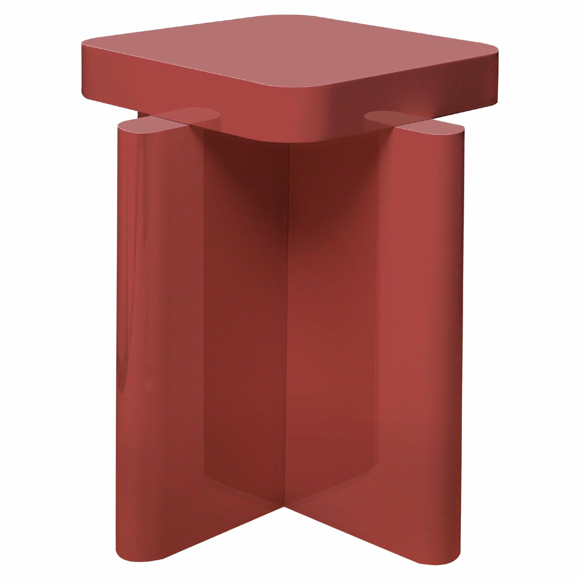 Pair of Rustic Dusty Red Solid Wood Seating Spina Wooden Stool by Cara Davide 3
