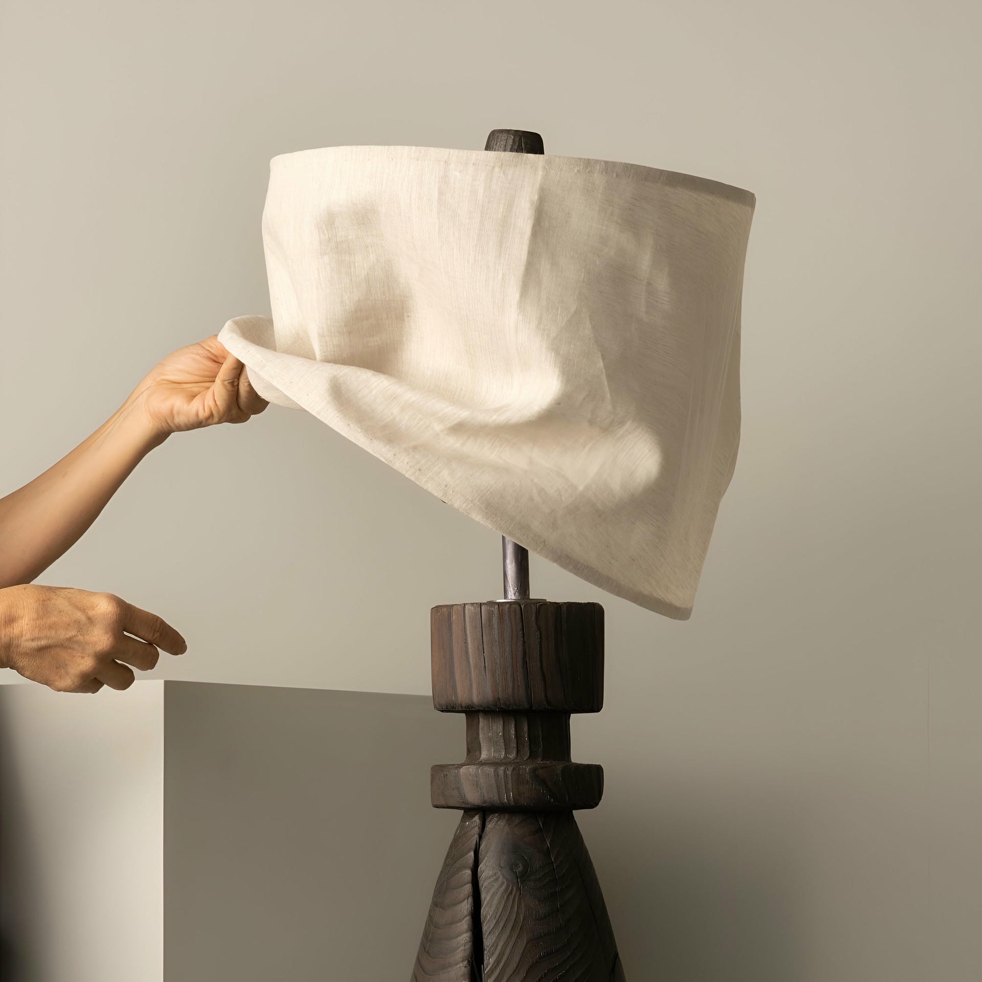 Mezquite Sculptural Pine Wood Floor Lamp with Linen Shade by Isabel Moncada 7