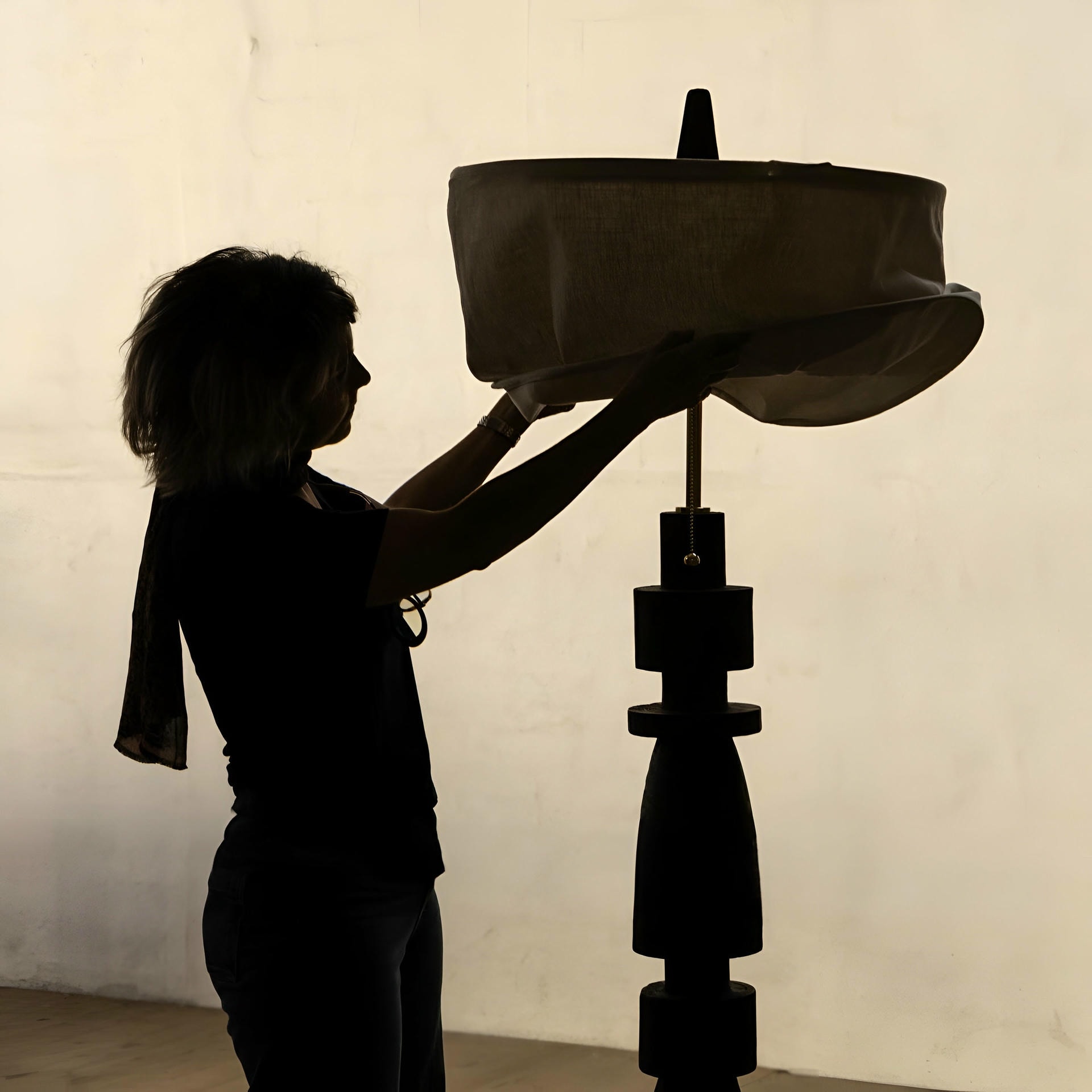 Mezquite Sculptural Pine Wood Floor Lamp with Linen Shade by Isabel Moncada 8
