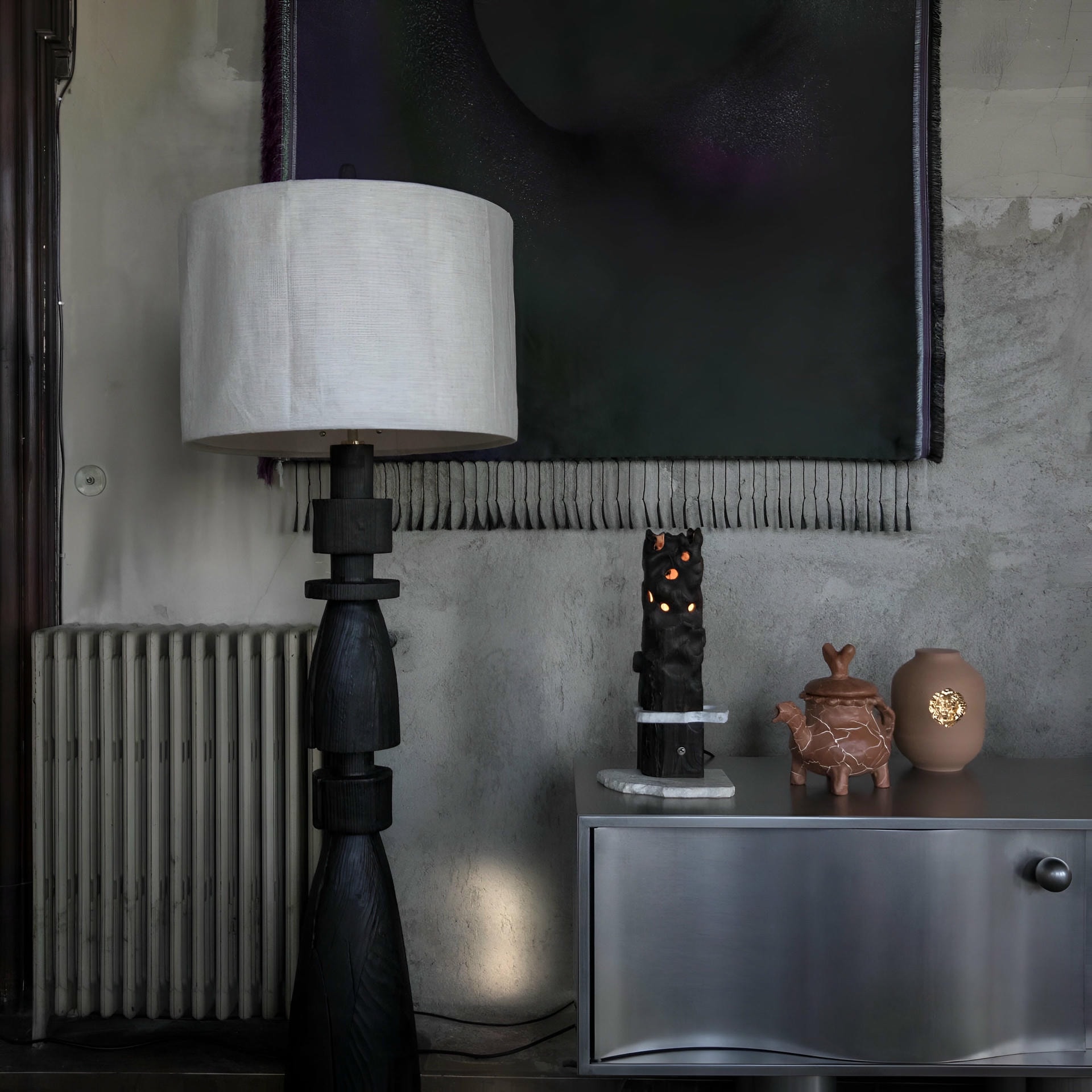 Mezquite Sculptural Pine Wood Floor Lamp with Linen Shade by Isabel Moncada 9