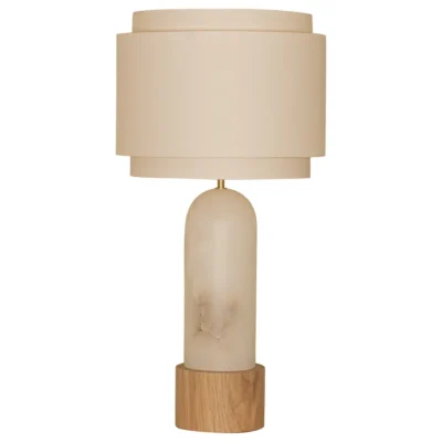White Alabaster And Oak Base Pura Kelo Double Table Lamp by Simone & Marcel