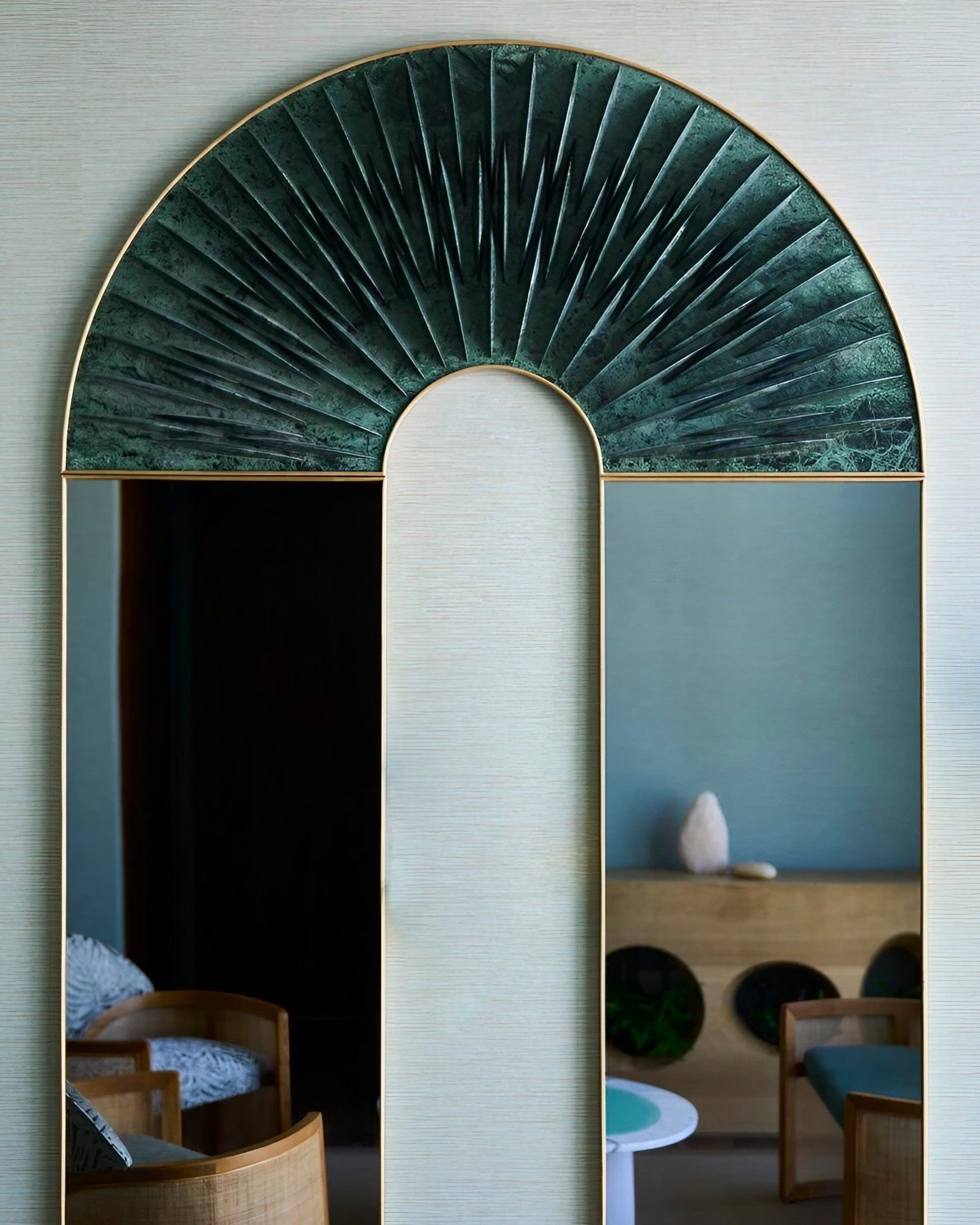 Elegant Solid Marble Stone Brass Frame Wall Mounted Mirror Peafowl Carla Baz 2