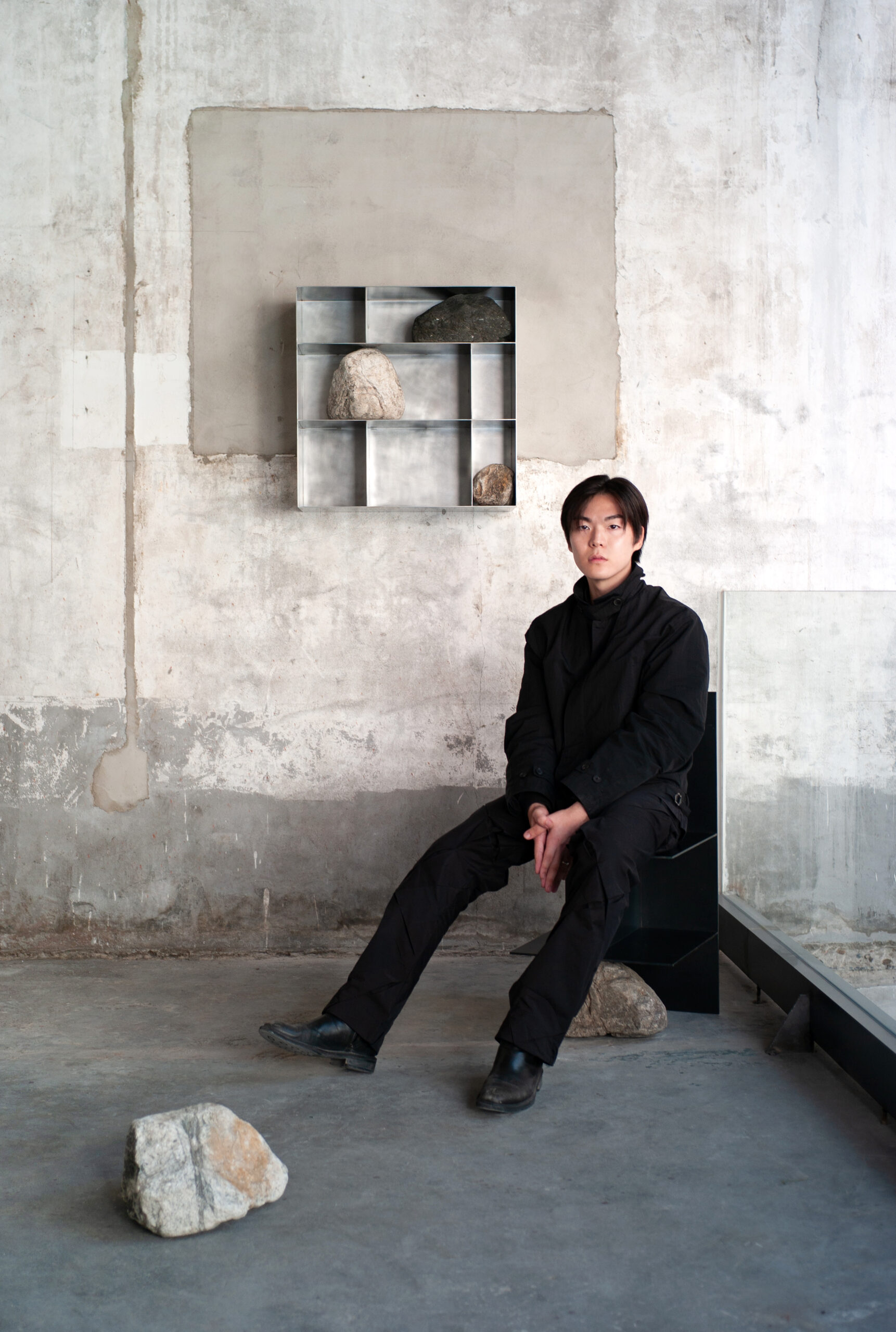 Solid Dark Stainless Steel Wall Object with Natural Stones by Lee Sisan 6