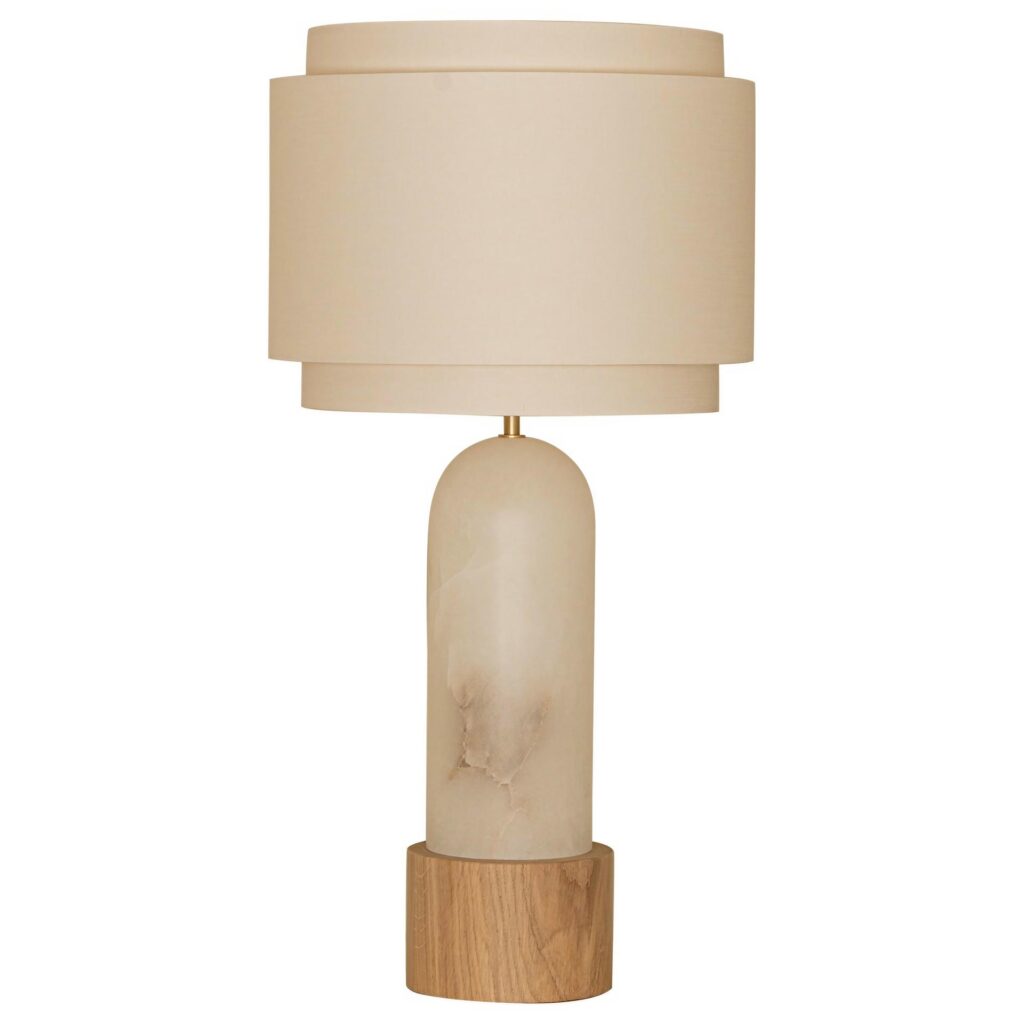 White Alabaster And Oak Base Pura Kelo Double Table Lamp by Simone Marcel 1