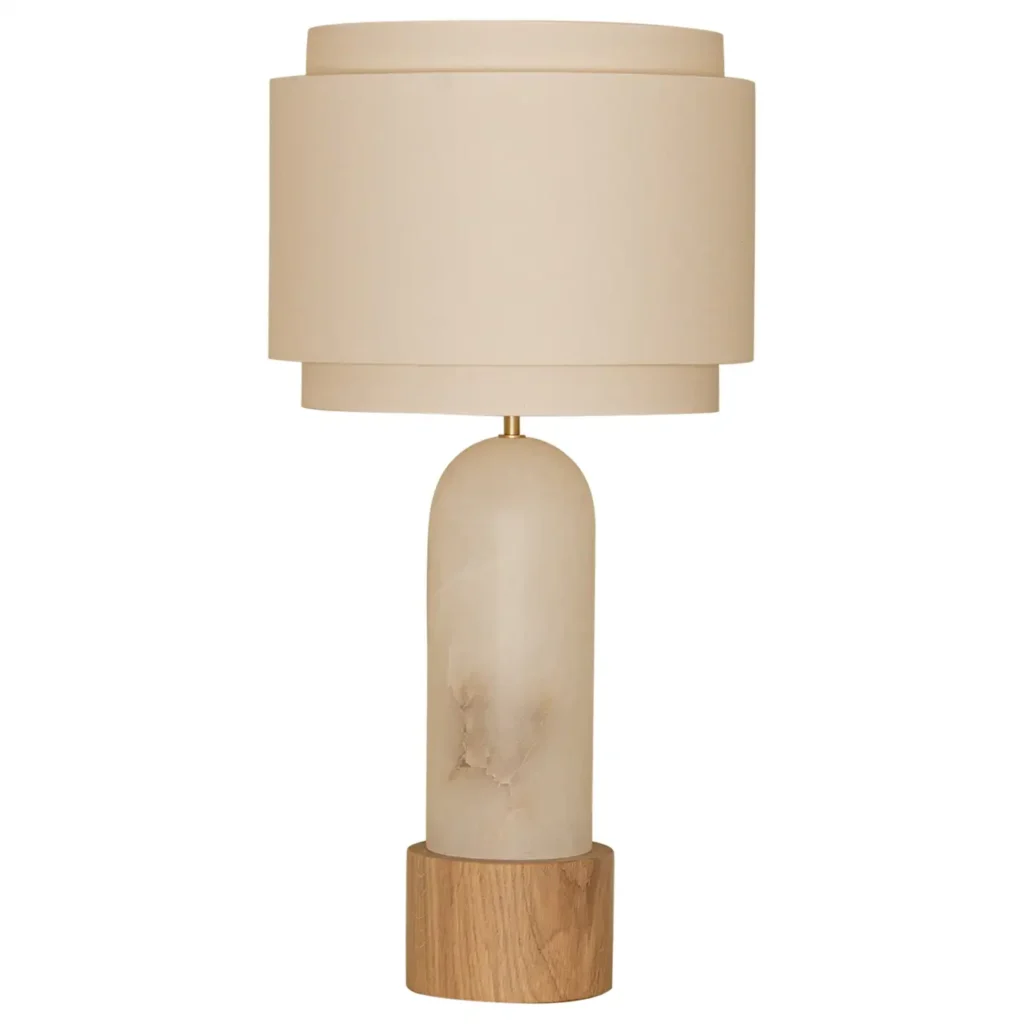 White Alabaster And Oak Base Pura Kelo Double Table Lamp by Simone Marcel 1