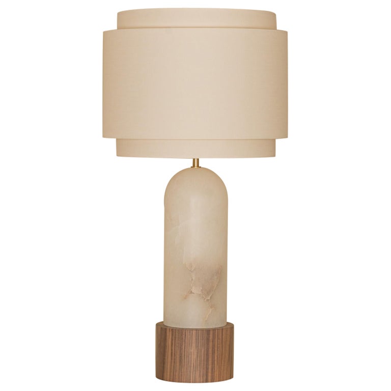 White Alabaster And Walnut Base Pura Kelo Double Table Lamp by Simone Marcel 1