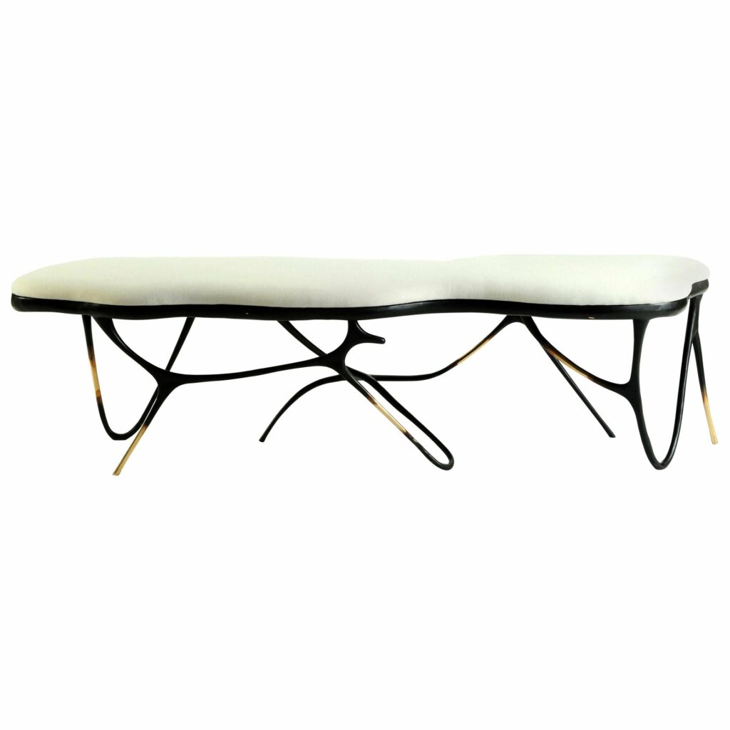 Calligraphic Sculpted Brass Bench with White Upholstered Top by Misaya 1