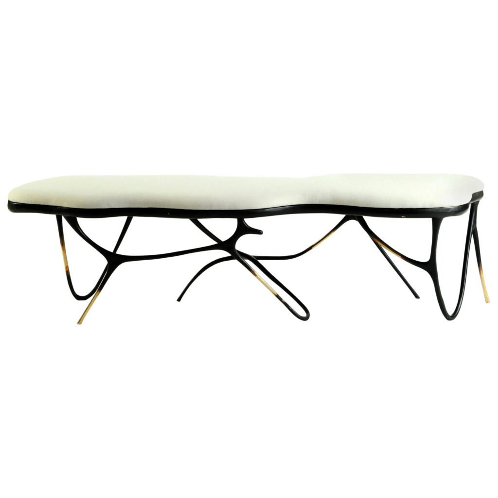 Calligraphic Sculpted Brass Bench with White Upholstered Top by Misaya 1