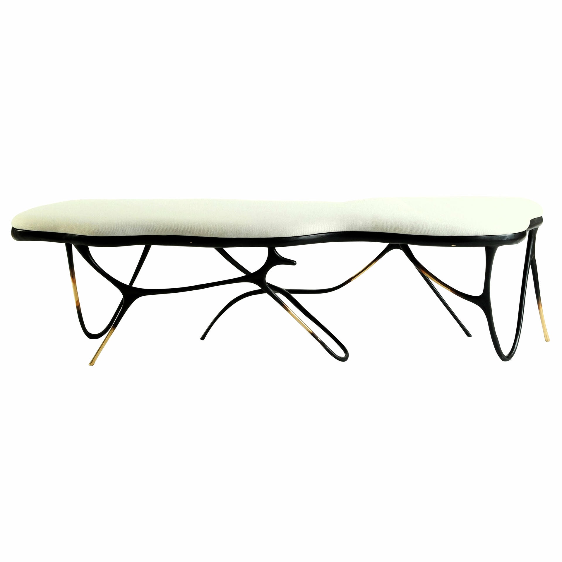 Calligraphic Sculpted Brass Bench with White Upholstered Top by Misaya 2