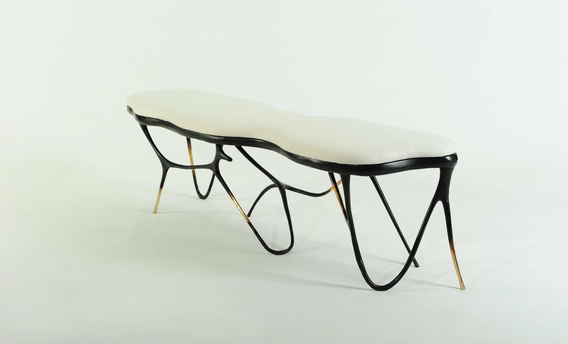 Calligraphic Sculpted Brass Bench with White Upholstered Top by Misaya 3