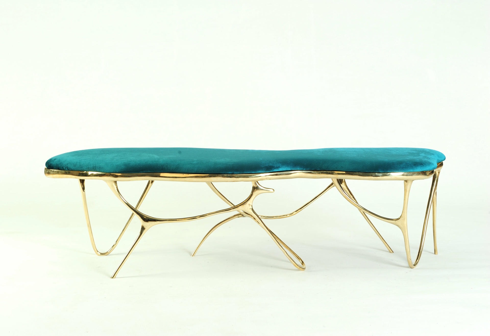 Calligraphic Sculpted Brass Bench with White Upholstered Top by Misaya 4