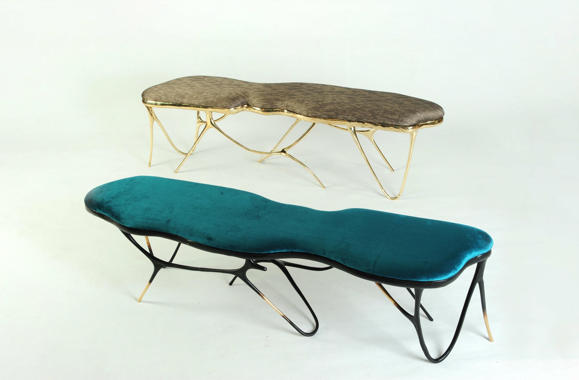 Calligraphic Sculpted Brass Bench with White Upholstered Top by Misaya 5