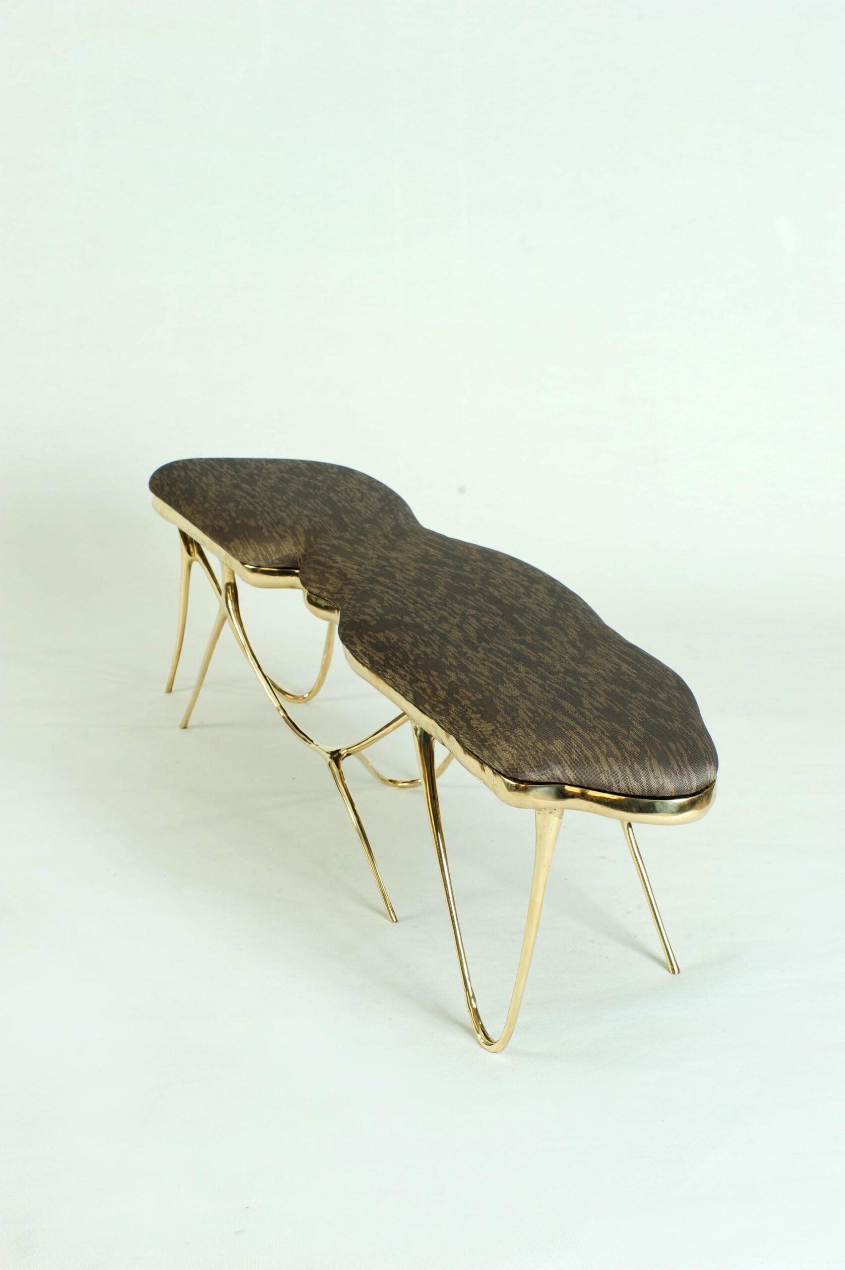 Calligraphic Sculpted Brass Bench with White Upholstered Top by Misaya 6