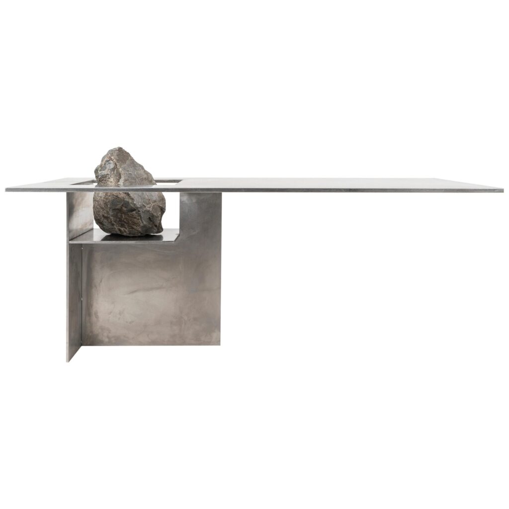 Contemporary Block Form Stainless Steel Table with Natural Stone by Lee Sisan 1